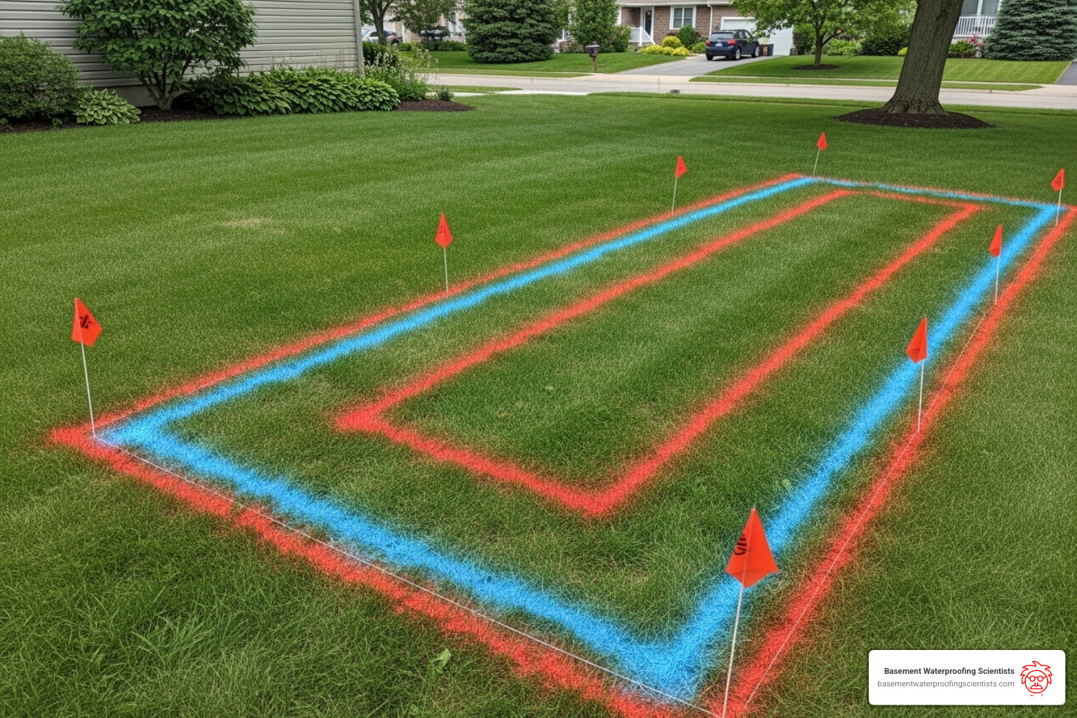 A yard marked with spray paint and utility flags, indicating planned excavation for a French drain - French drain installation