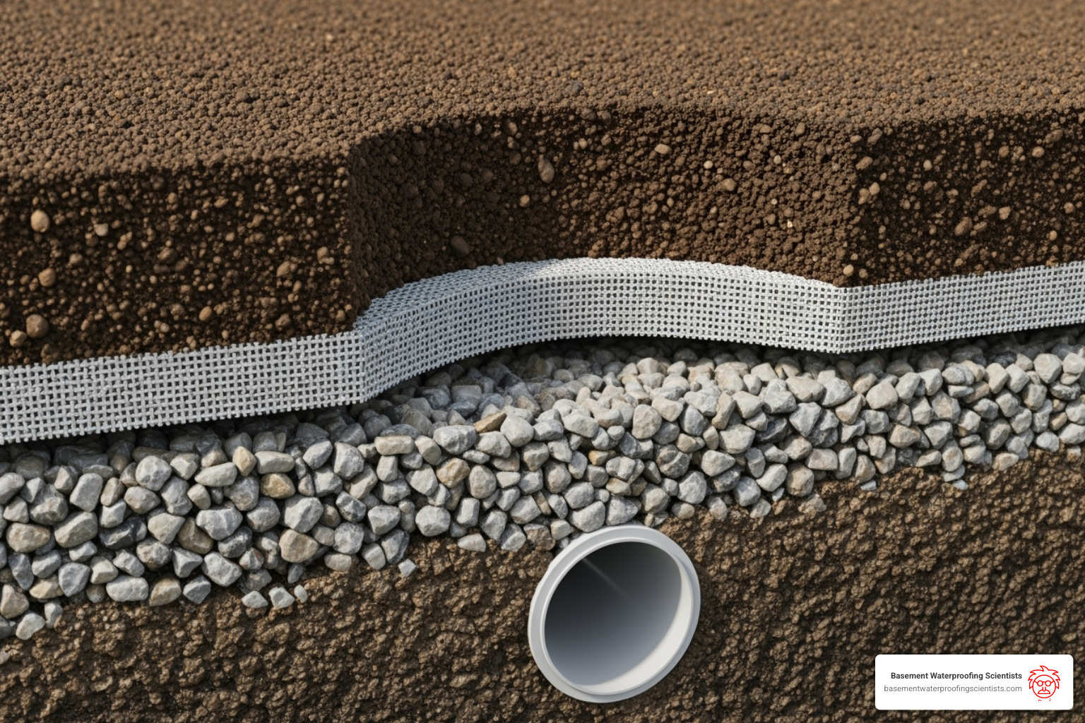 A cross-section of a properly installed French drain showing layers of soil, geotextile fabric, gravel, and perforated pipe - French drain installation