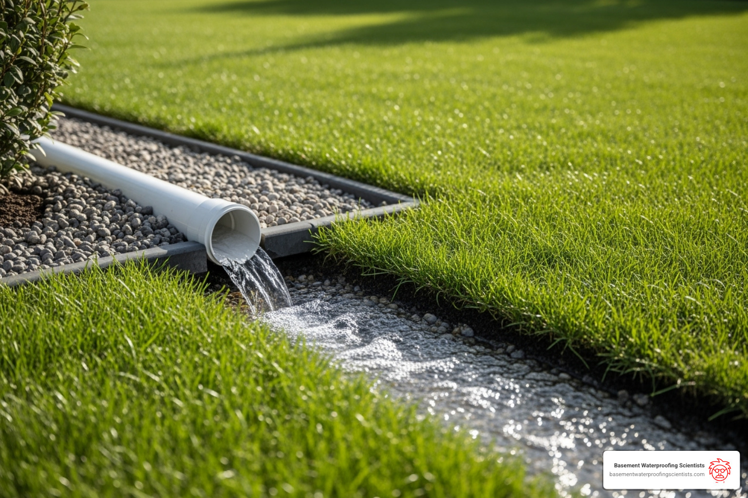 A clean, functional French drain outlet releasing water, showing effective drainage - French drain installation