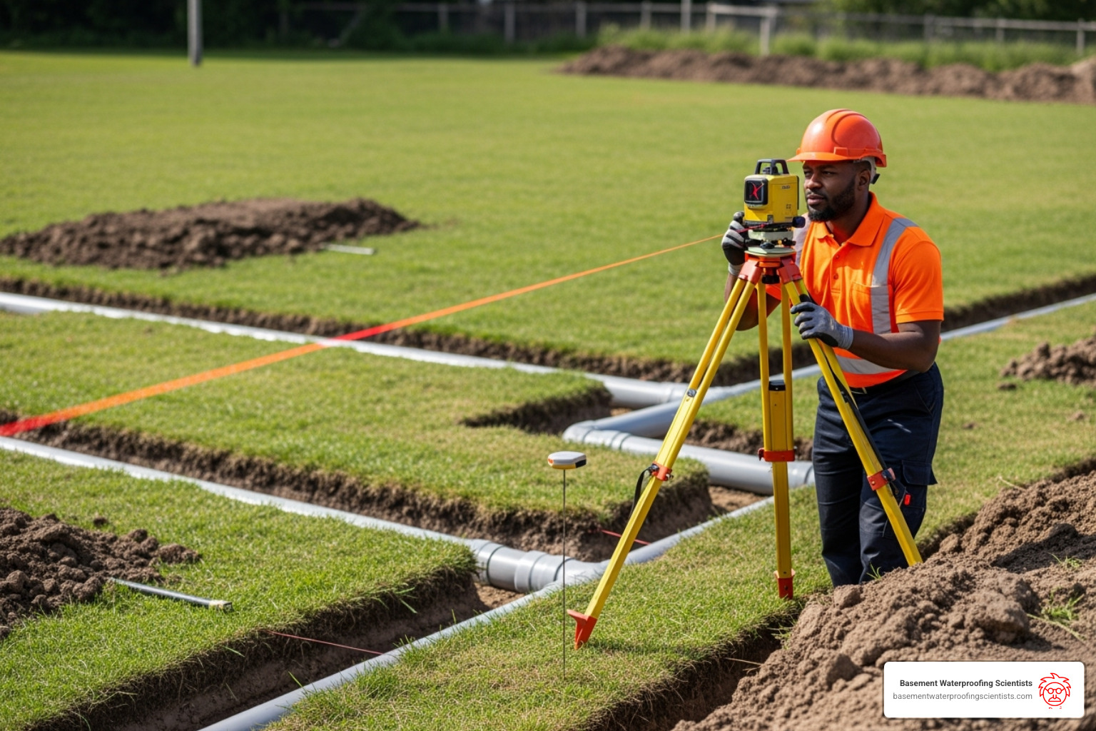 A professional using a laser transit to set the grade for a drainage system, highlighting precision in complex installations - French drain installation