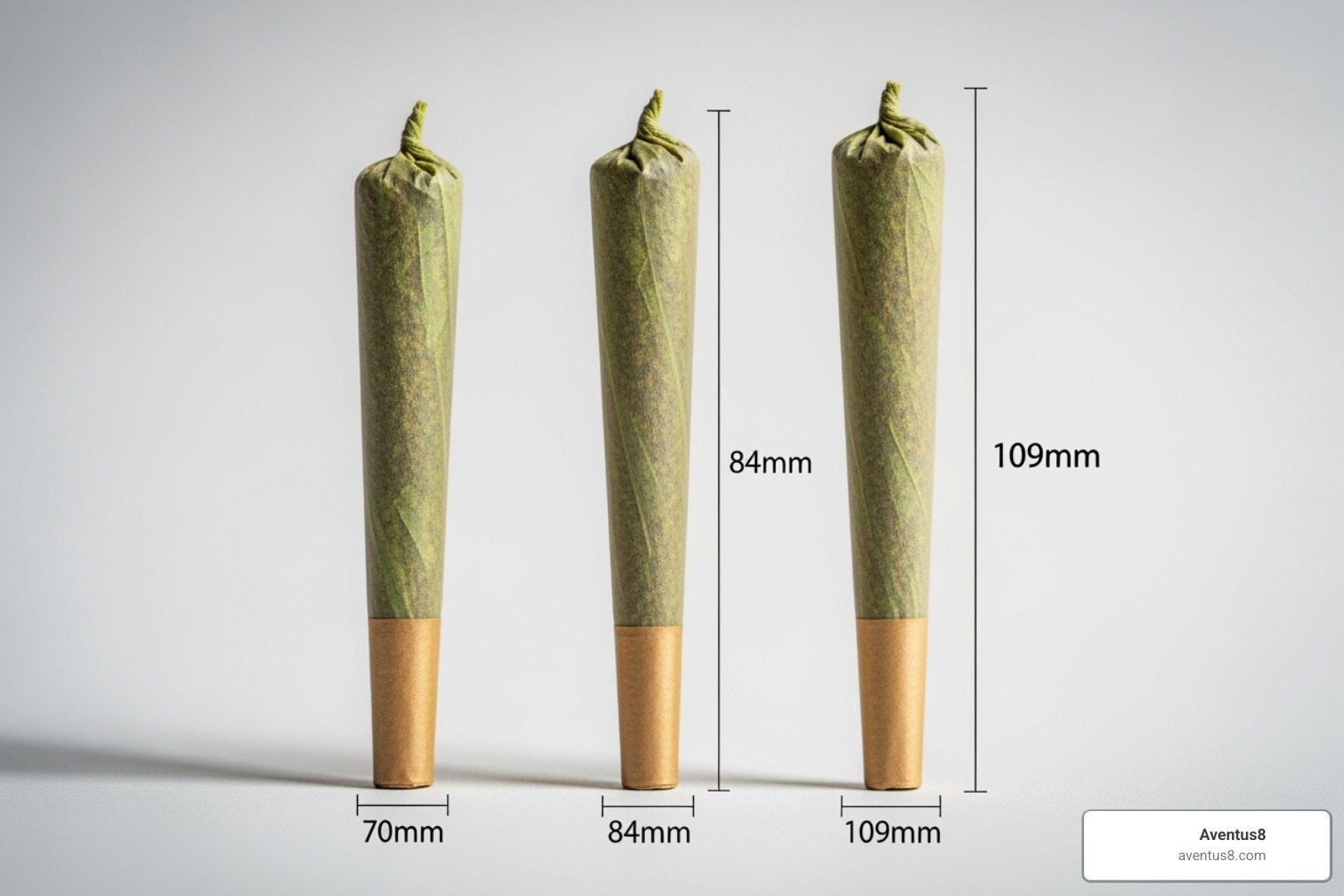 70mm, 84mm, and 109mm pre-rolled hemp blunts side-by-side for scale - Pre-rolled hemp blunts