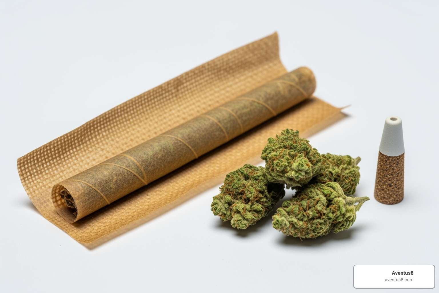 Deconstructed hemp blunt showing the wrap, flower, and filter tip - Pre-rolled hemp blunts