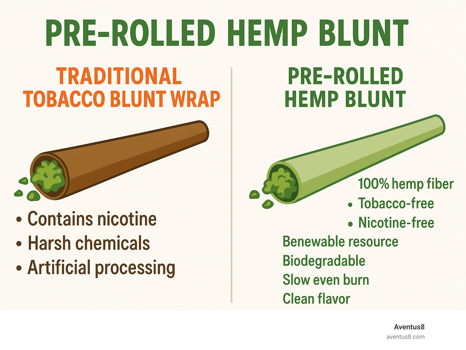 Infographic showing comparison between traditional tobacco blunt wrap (contains nicotine, harsh chemicals, artificial processing) versus pre-rolled hemp blunt (100% hemp fiber, tobacco-free, nicotine-free, renewable resource, biodegradable, slow even burn, clean flavor) - Pre-rolled hemp blunts infographic 