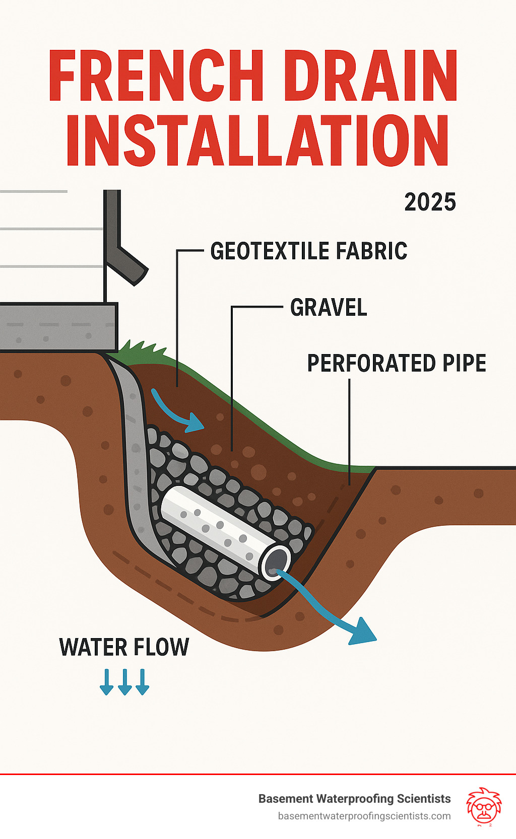 Detailed cross-section infographic showing French drain components: perforated pipe surrounded by gravel and geotextile fabric in a sloped trench, with arrows indicating water flow direction away from house foundation - French drain installation infographic 