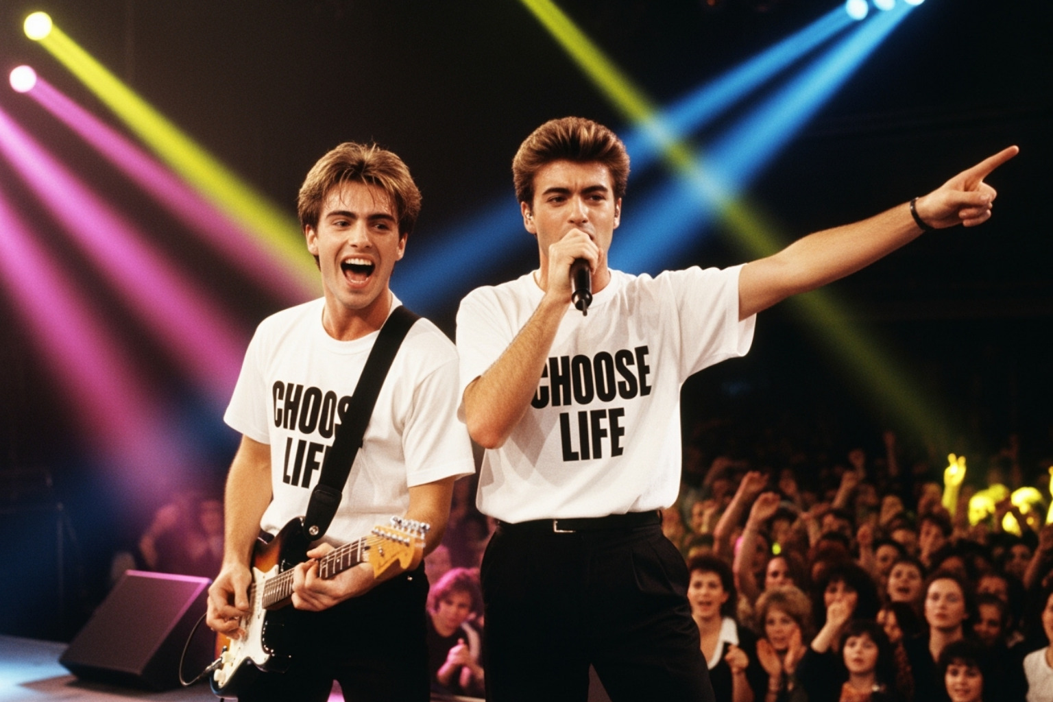 Wham! at the peak of their fame in 'Choose Life' t-shirts, performing on stage with their signature energy - andrew ridgeley