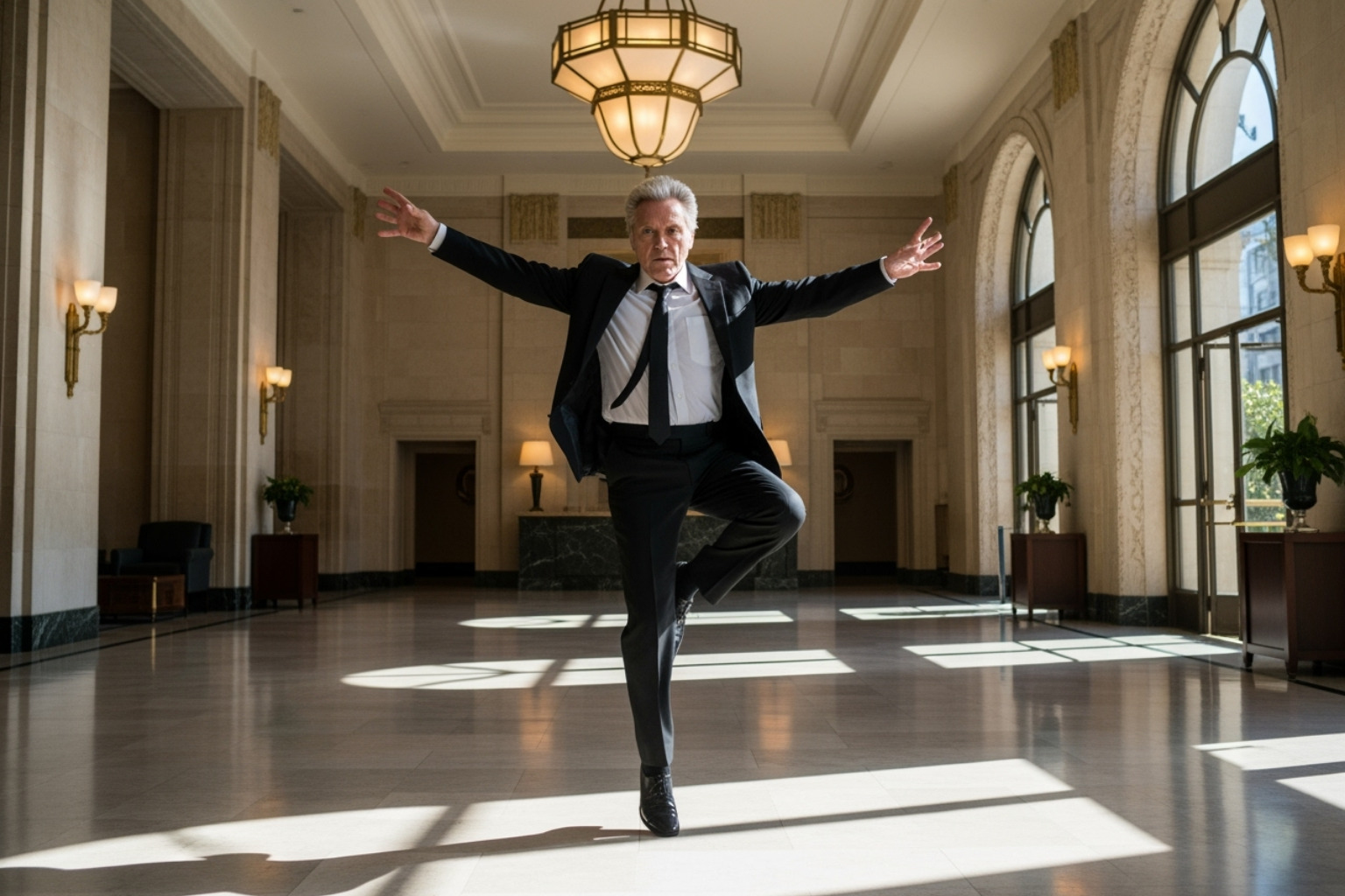 Christopher Walken dancing energetically in the "Weapon of Choice" music video, wearing a suit in a seemingly empty hotel lobby, arms outstretched. - christopher walken