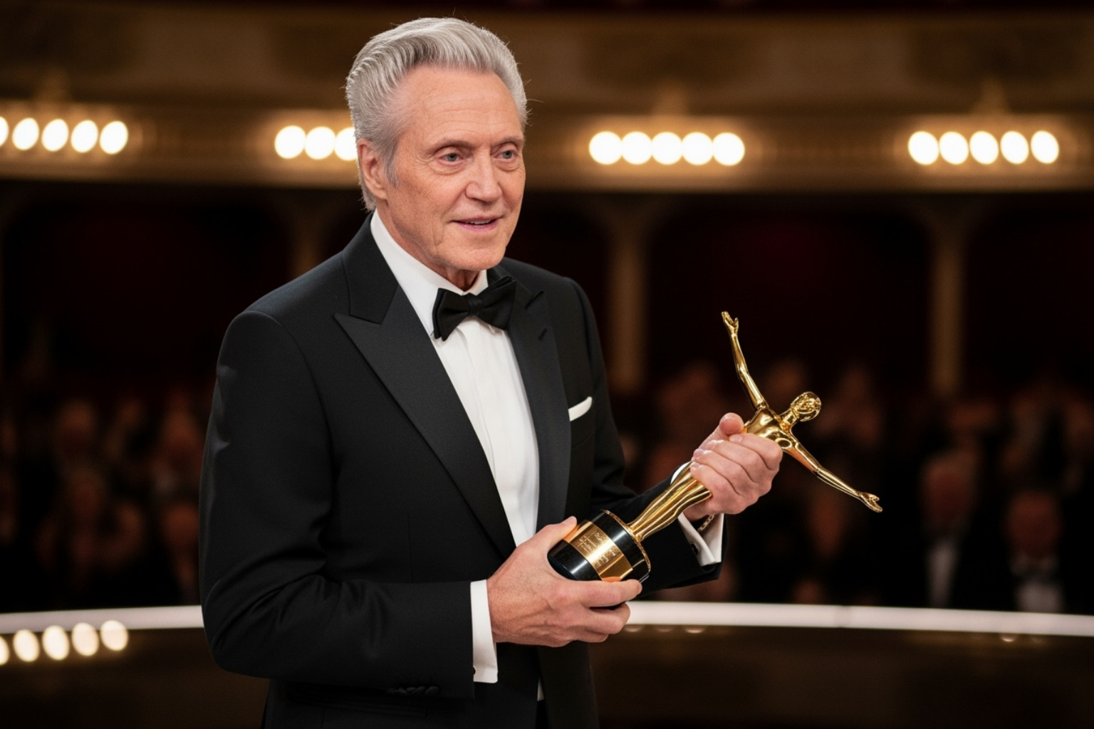 Christopher Walken accepting an award at a ceremony, smiling and holding a trophy, looking distinguished. - christopher walken