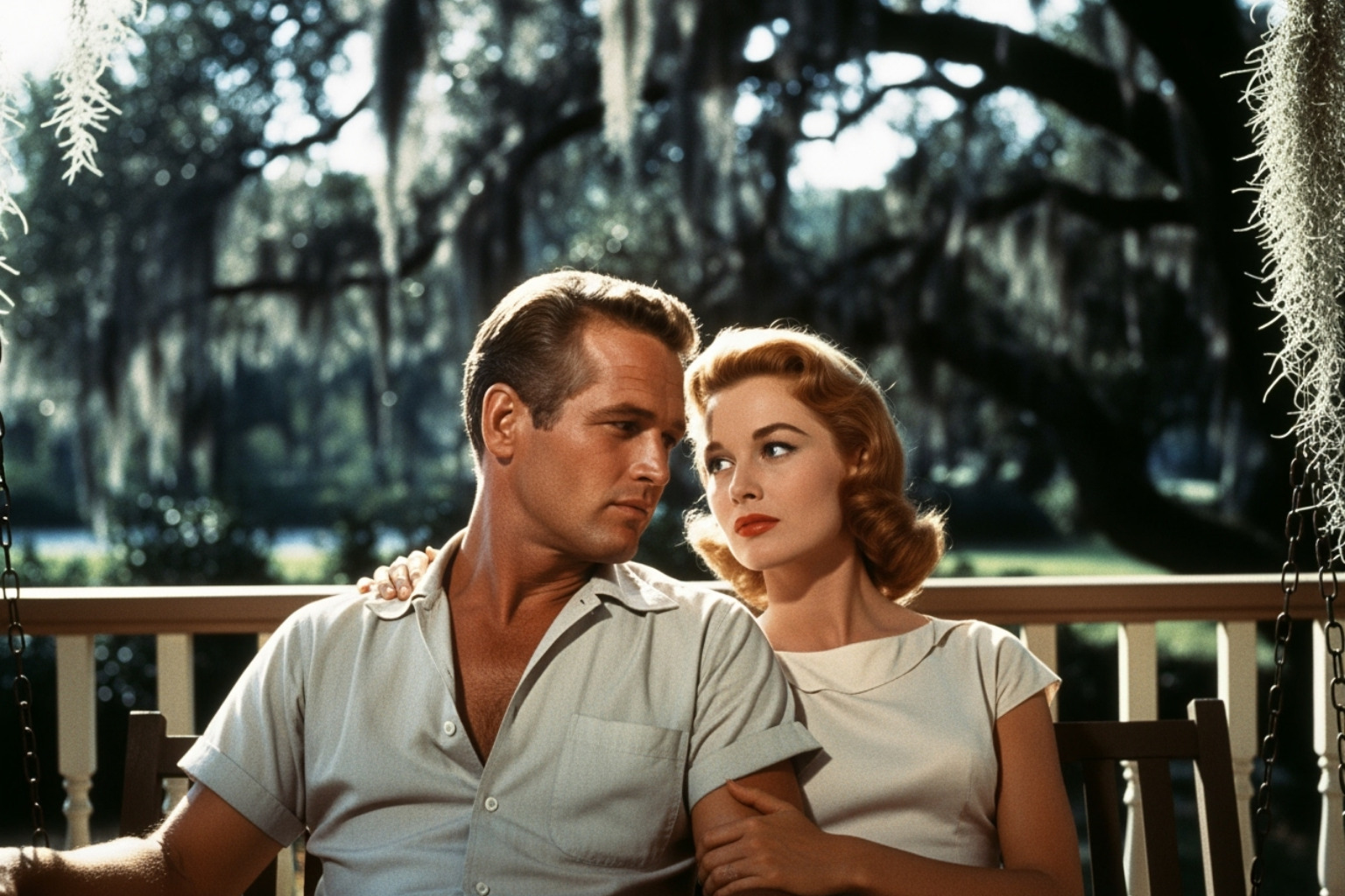 Joanne Woodward and Paul Newman in a classic scene from "The Long, Hot Summer", showcasing their on-screen chemistry -  joanne woodward