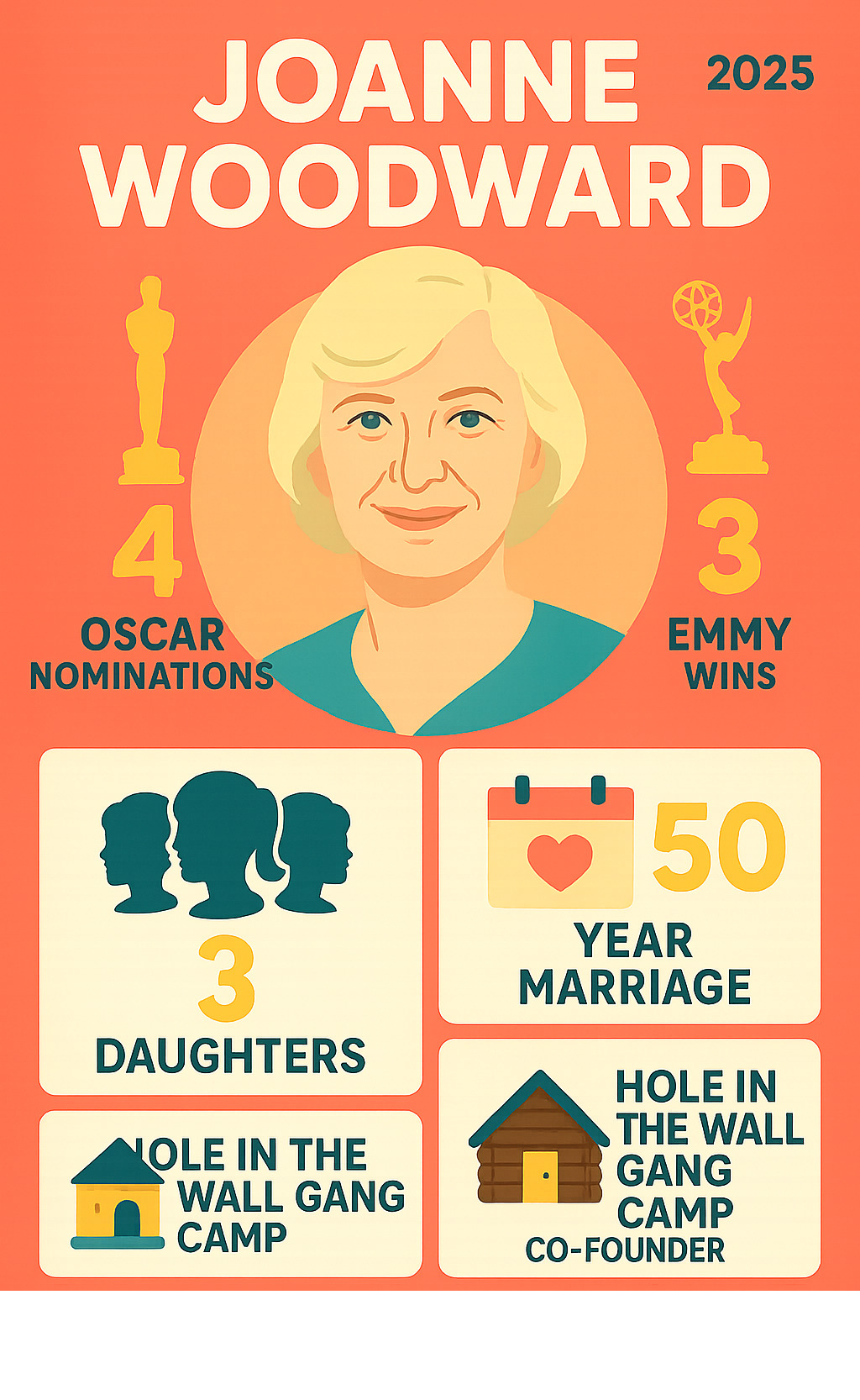 Infographic summarizing Joanne Woodward's key life statistics: 4 Oscar nominations, 3 Emmy wins, 50-year marriage, 3 daughters, Hole in the Wall Gang Camp co-founder -  joanne woodward infographic 