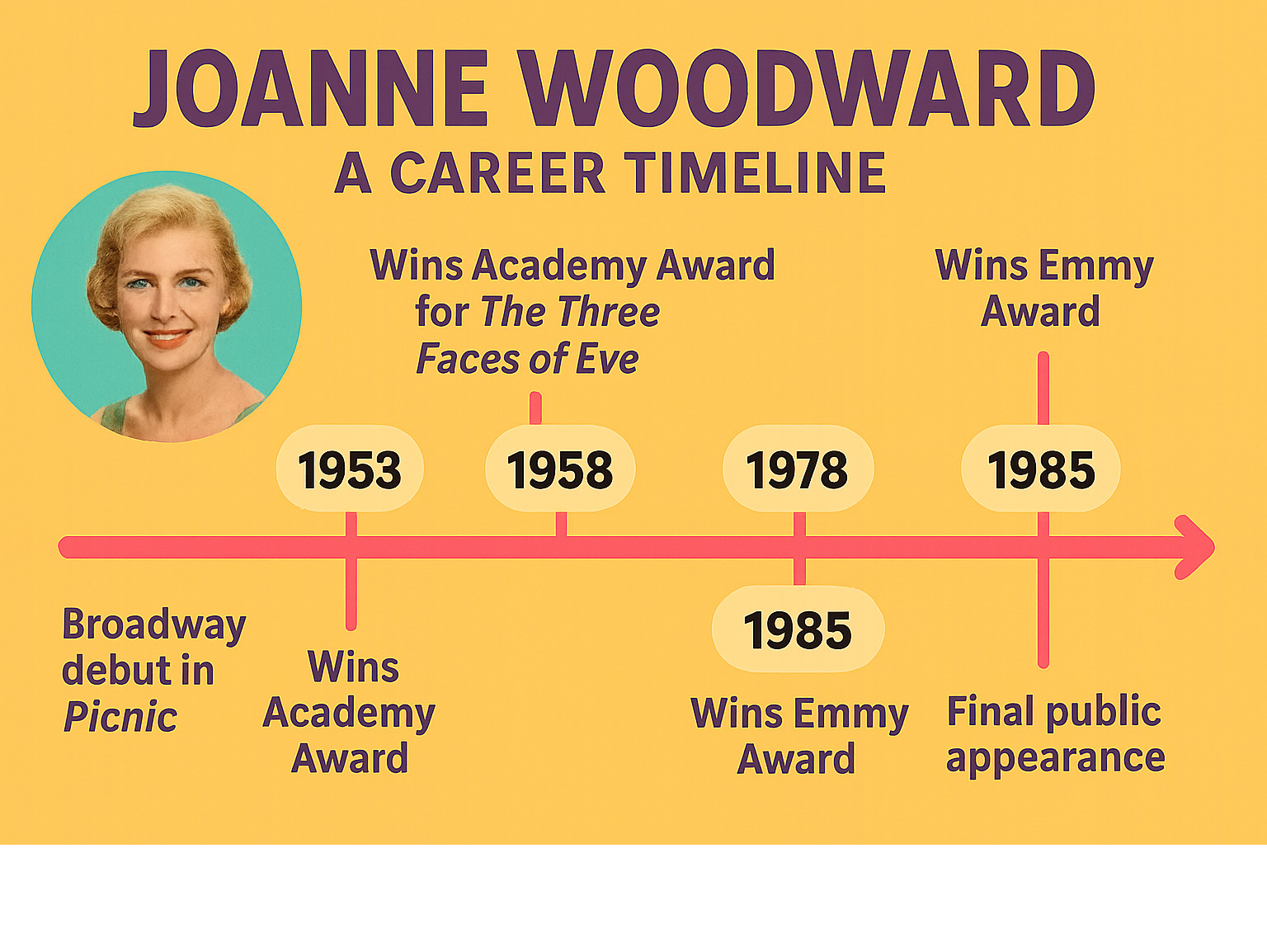 Comprehensive timeline showing Joanne Woodward's major career milestones from 1950-2013, including her Broadway debut in Picnic (1953), Academy Award win for The Three Faces of Eve (1958), marriage to Paul Newman (1958), Emmy wins (1978, 1985), and final public appearance (2013) -  joanne woodward infographic 