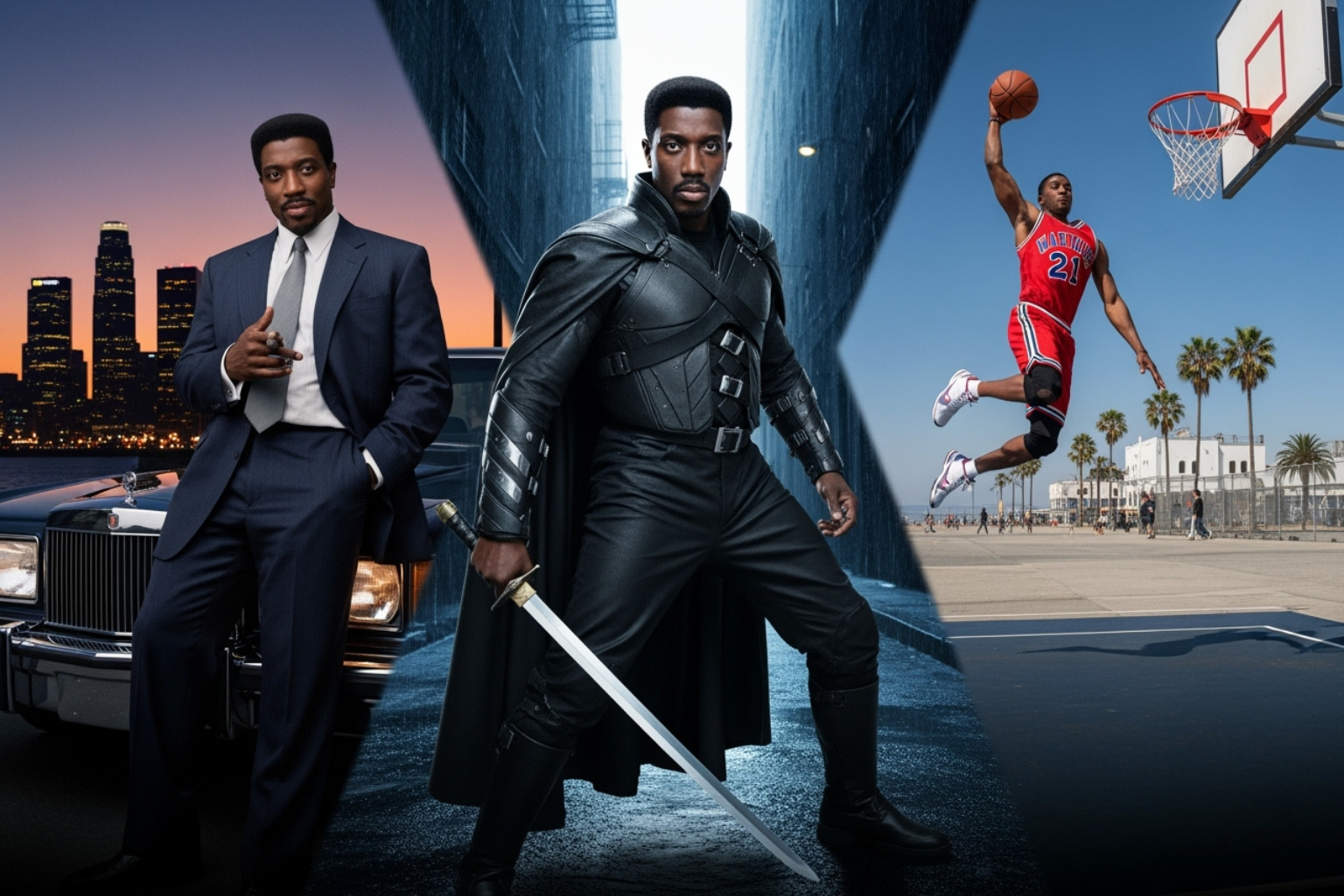 Wesley Snipes in a collage of his most famous roles (New Jack City, White Men Can't Jump, Blade) - wesley snipes