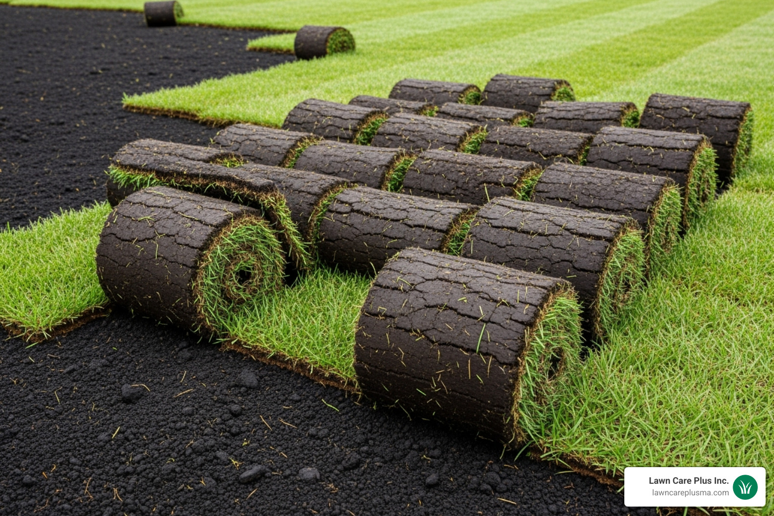 Sod rolls being laid in a brick-like pattern - best way to install a new lawn Sod rolls being laid in a brick-like pattern - best way to install a new lawn