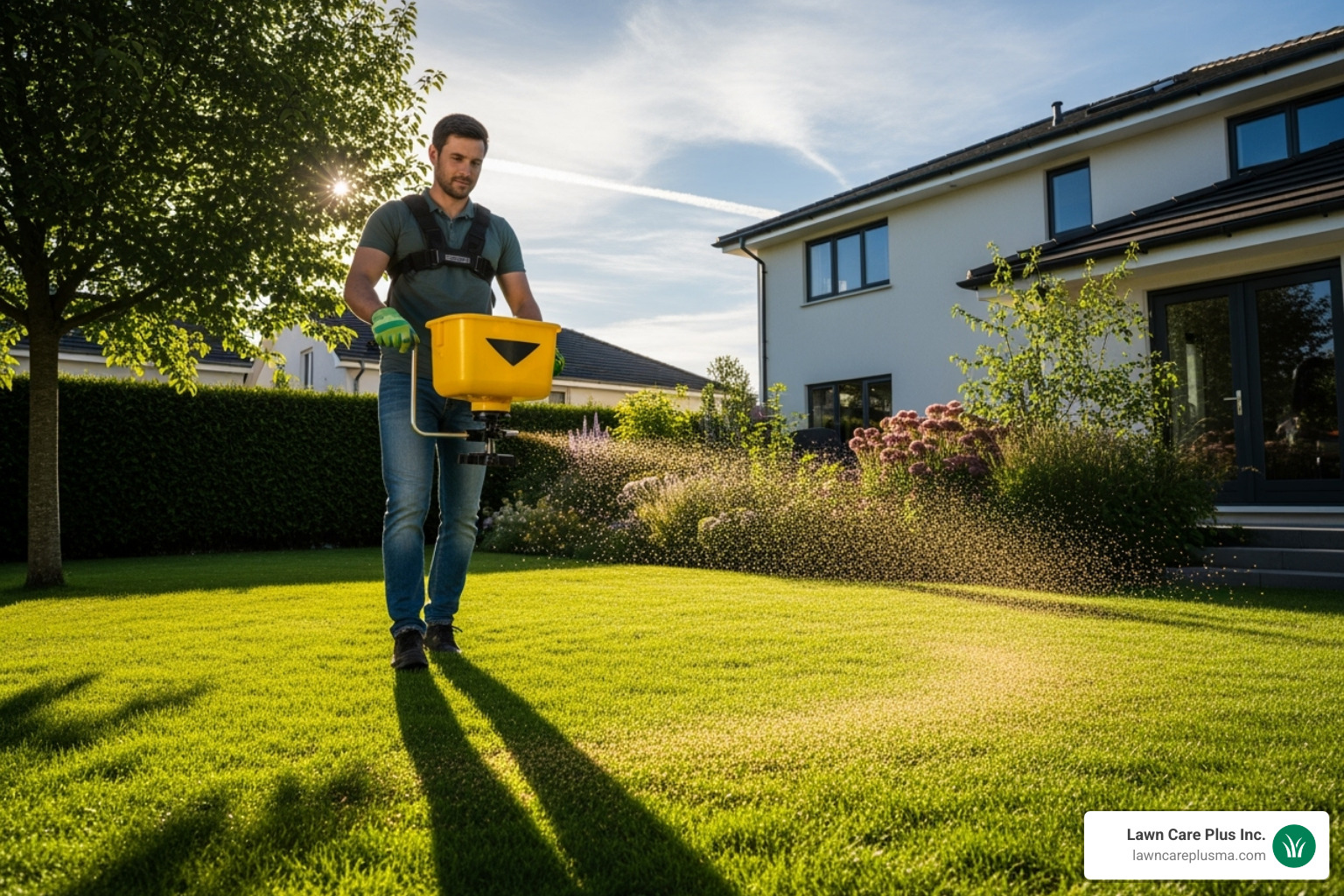 A homeowner using a spreader to apply grass seed evenly - best way to install a new lawn A homeowner using a spreader to apply grass seed evenly - best way to install a new lawn