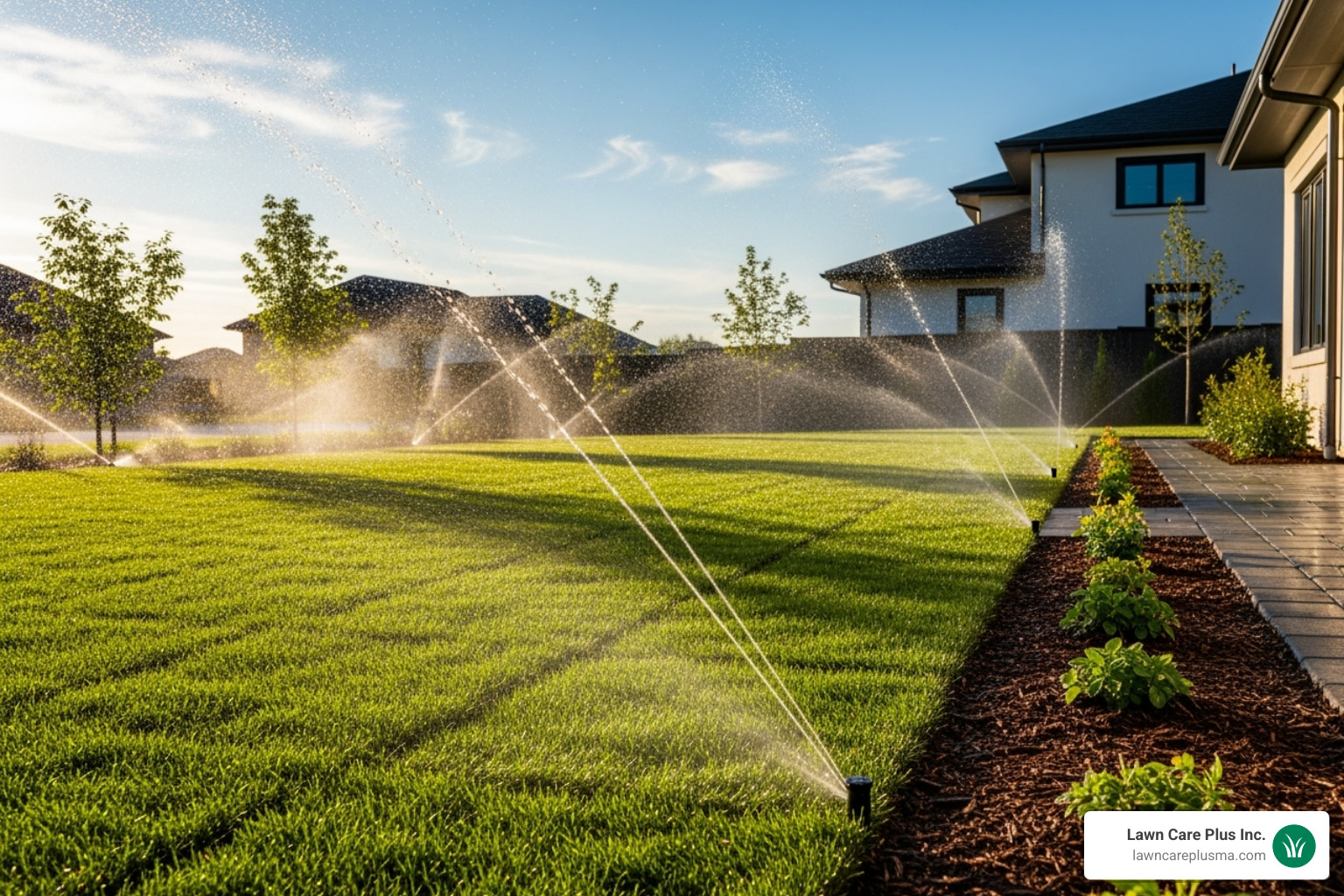 A sprinkler system watering a newly installed sod lawn - best way to install a new lawn A sprinkler system watering a newly installed sod lawn - best way to install a new lawn