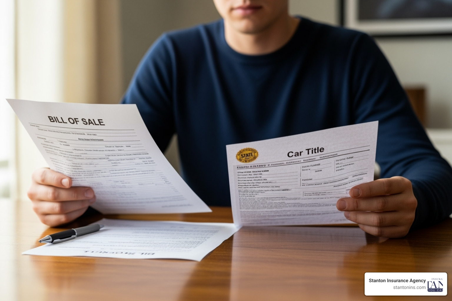 A person examining car title and bill of sale documents - can you insure an unregistered car in massachusetts A person examining car title and bill of sale documents - can you insure an unregistered car in massachusetts