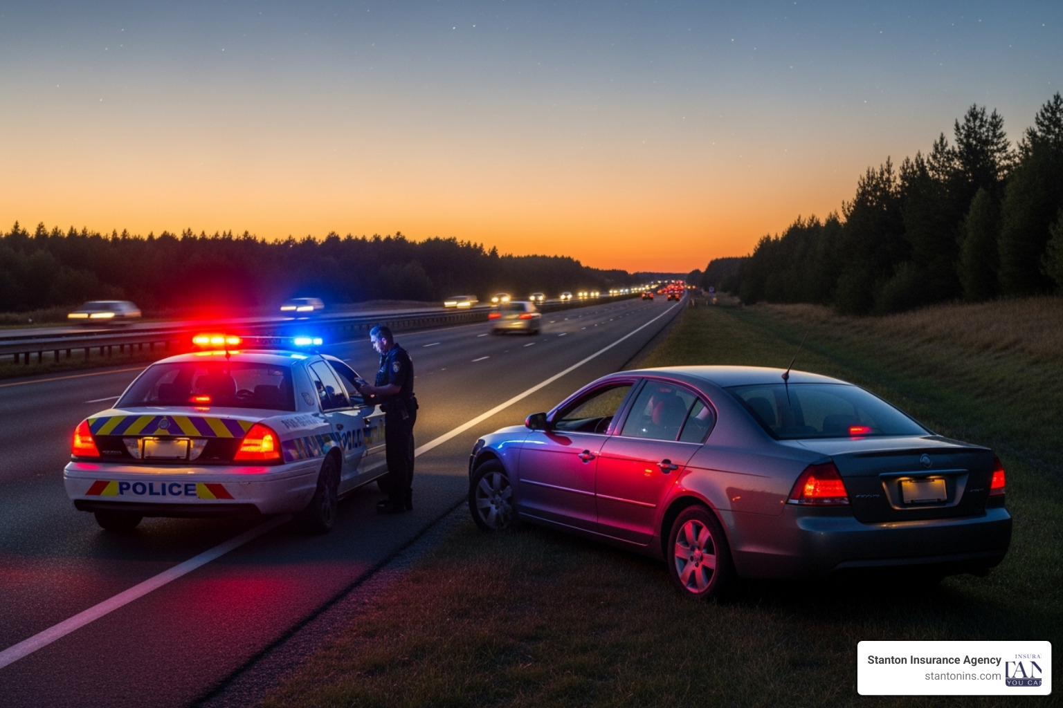 Police car with lights on behind a passenger vehicle on the side of a road - can you insure an unregistered car in massachusetts Police car with lights on behind a passenger vehicle on the side of a road - can you insure an unregistered car in massachusetts