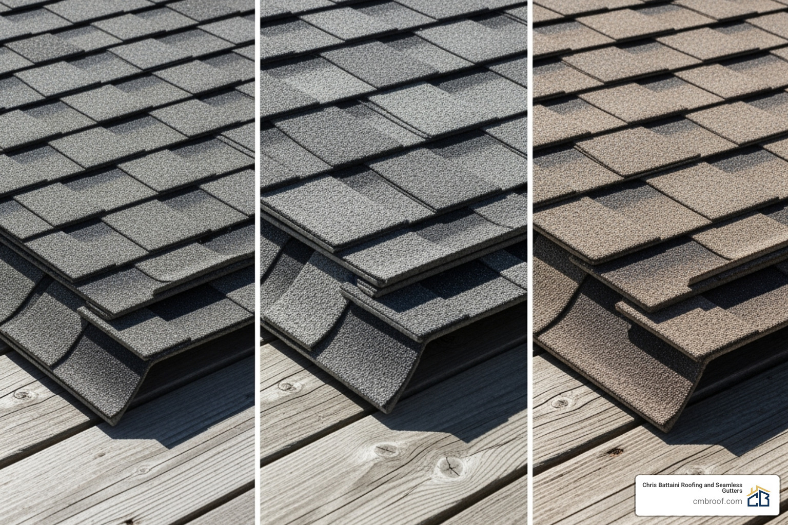 Side-by-side comparison of 3-tab, architectural, and luxury shingles - asphalt shingle replacement cost