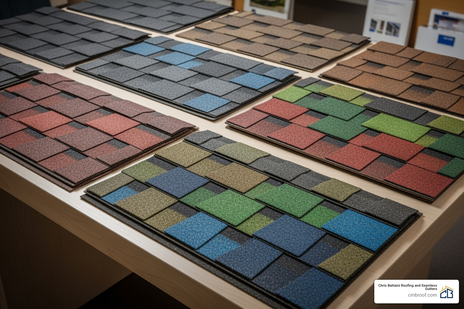 Various shingle color and style samples - asphalt shingle replacement cost