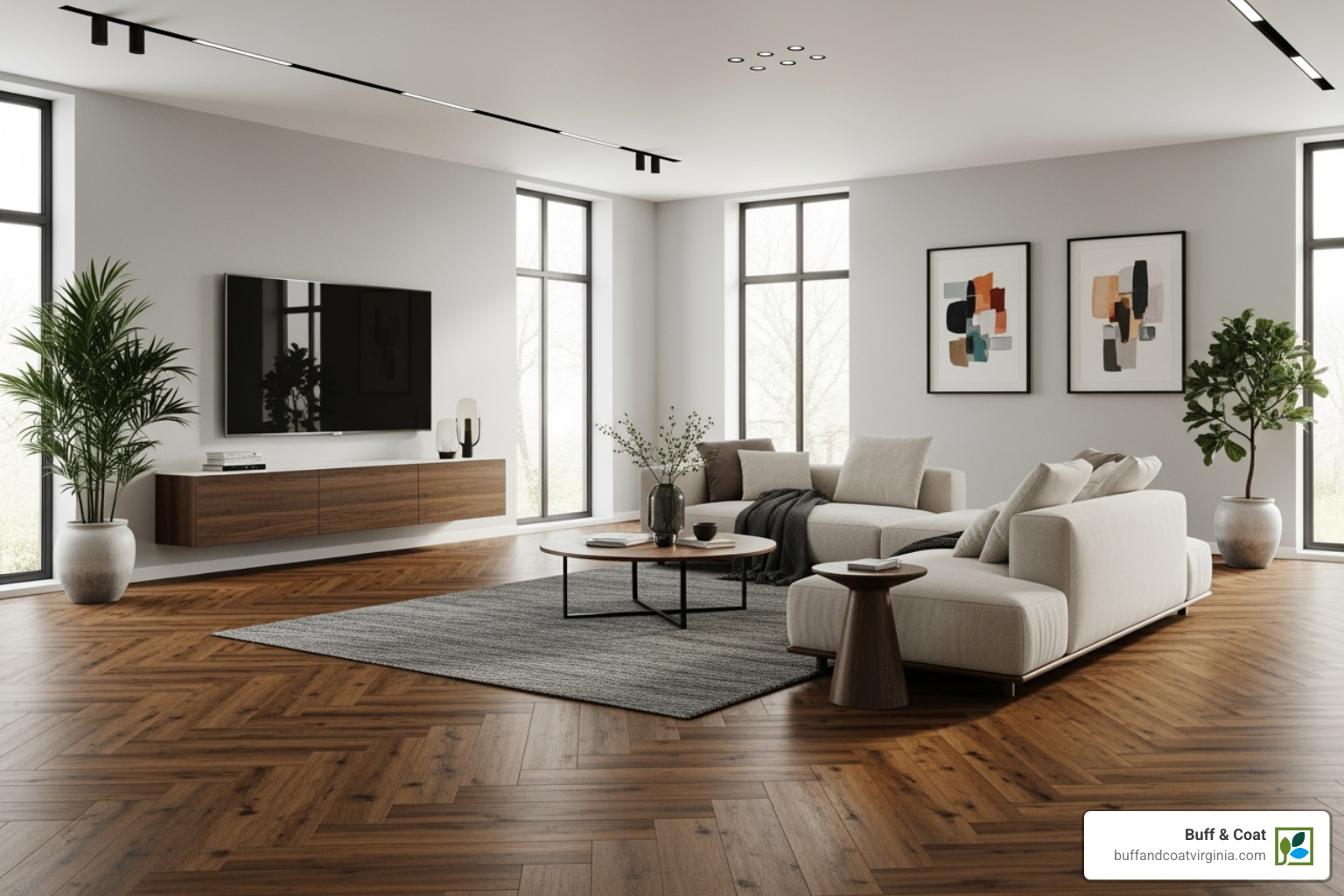 modern living room with luxury vinyl plank flooring installed - cover wood floor