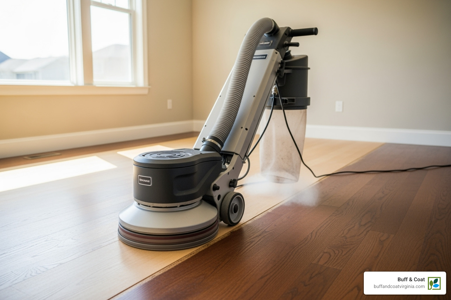 Modern, dustless sanding machine in action on a hardwood floor - wood floor sanding midlothian va