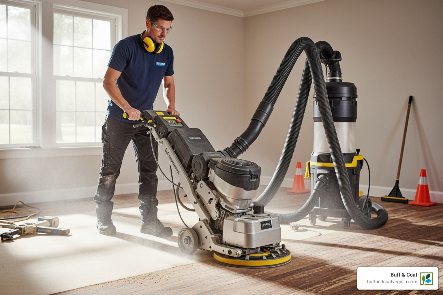 professional using a modern floor sander with a large vacuum hose attached - book dust-free floor sanding service