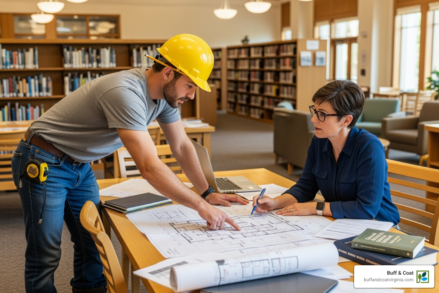 contractor consulting with a library manager over floor plans - book dust-free floor sanding service