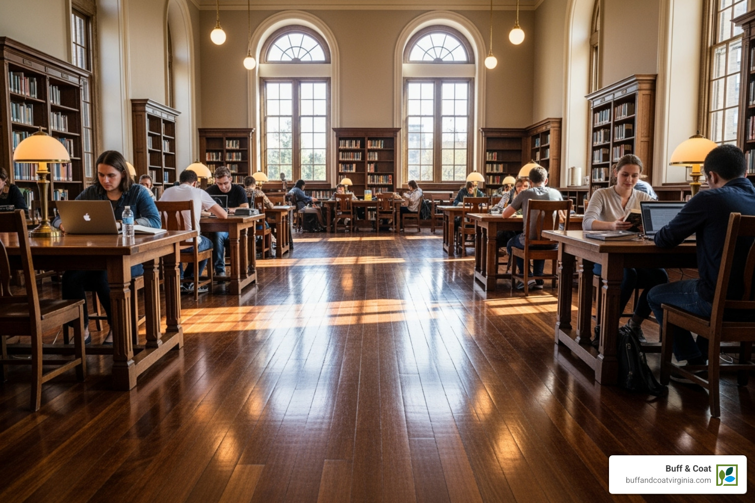 wide shot of the finished, beautiful library floor with happy patrons - book dust-free floor sanding service