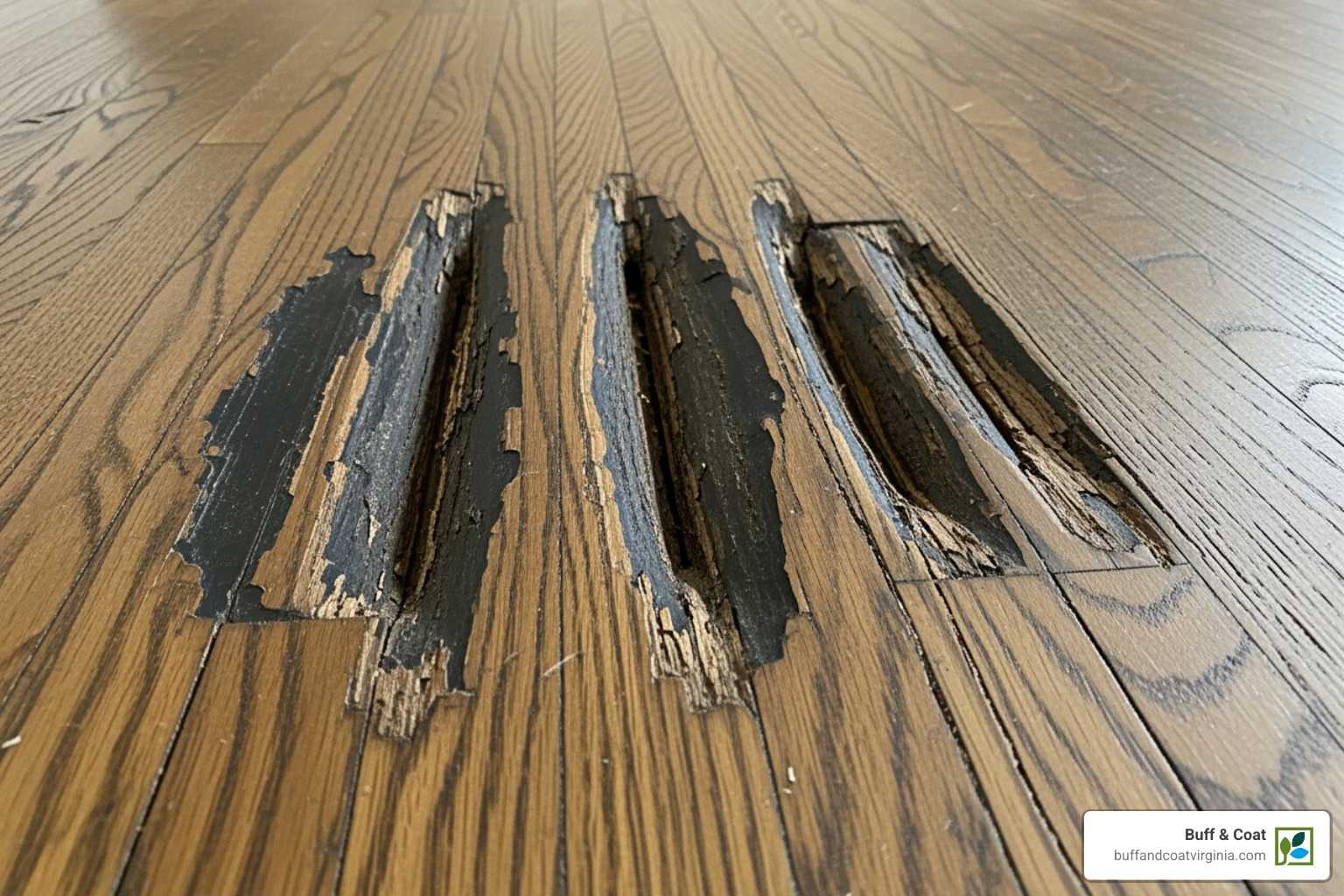 Severe water damage on a hardwood floor, showing dark stains, cupping, and visible swelling - Hardwood Floor Replacement Severe water damage on a hardwood floor, showing dark stains, cupping, and visible swelling - Hardwood Floor Replacement
