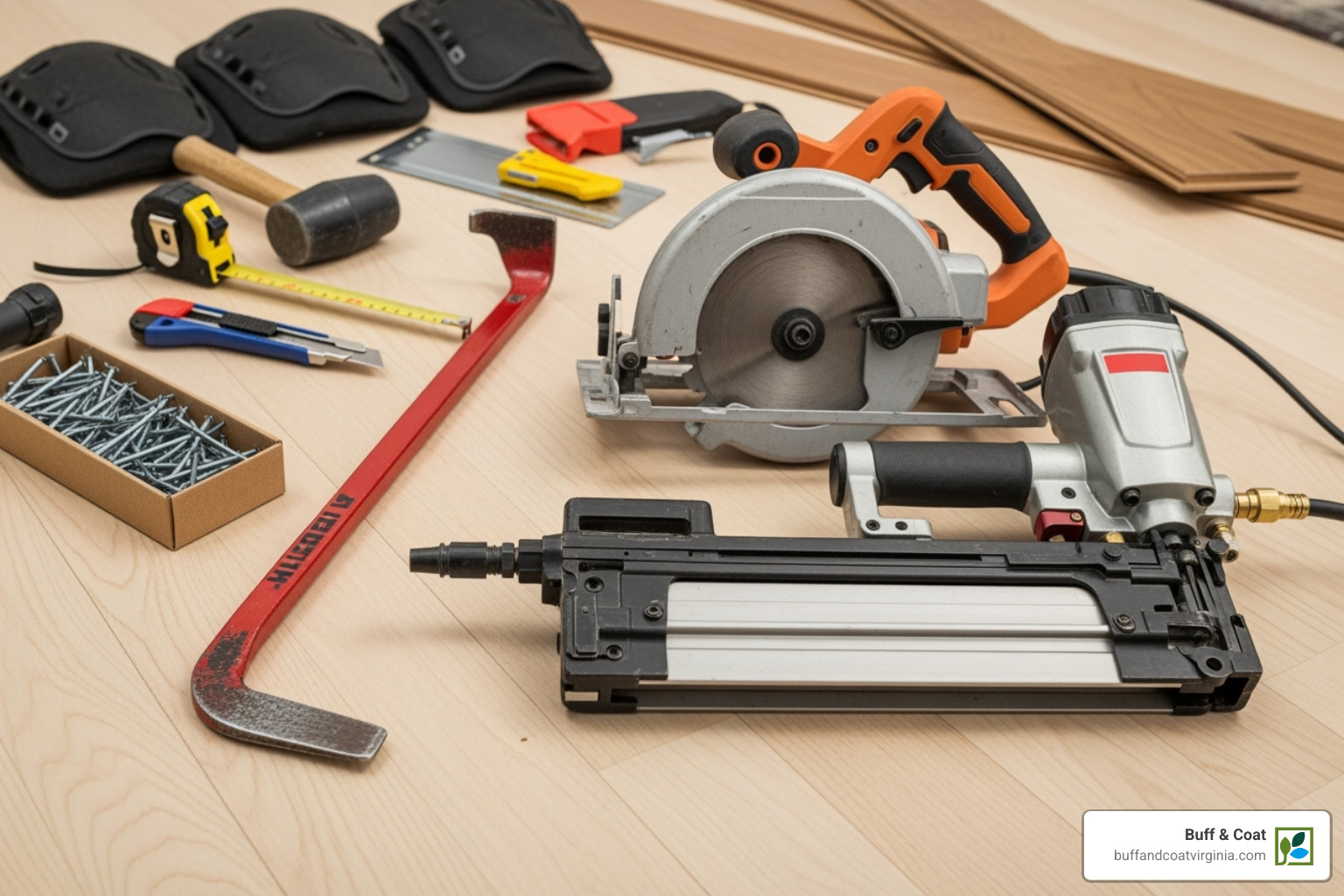 Essential tools for floor replacement like a pry bar, circular saw, and flooring nailer - Hardwood Floor Replacement Essential tools for floor replacement like a pry bar, circular saw, and flooring nailer - Hardwood Floor Replacement