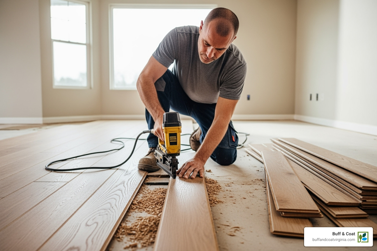 Professional installer using a flooring nailer - Hardwood Floor Replacement Professional installer using a flooring nailer - Hardwood Floor Replacement