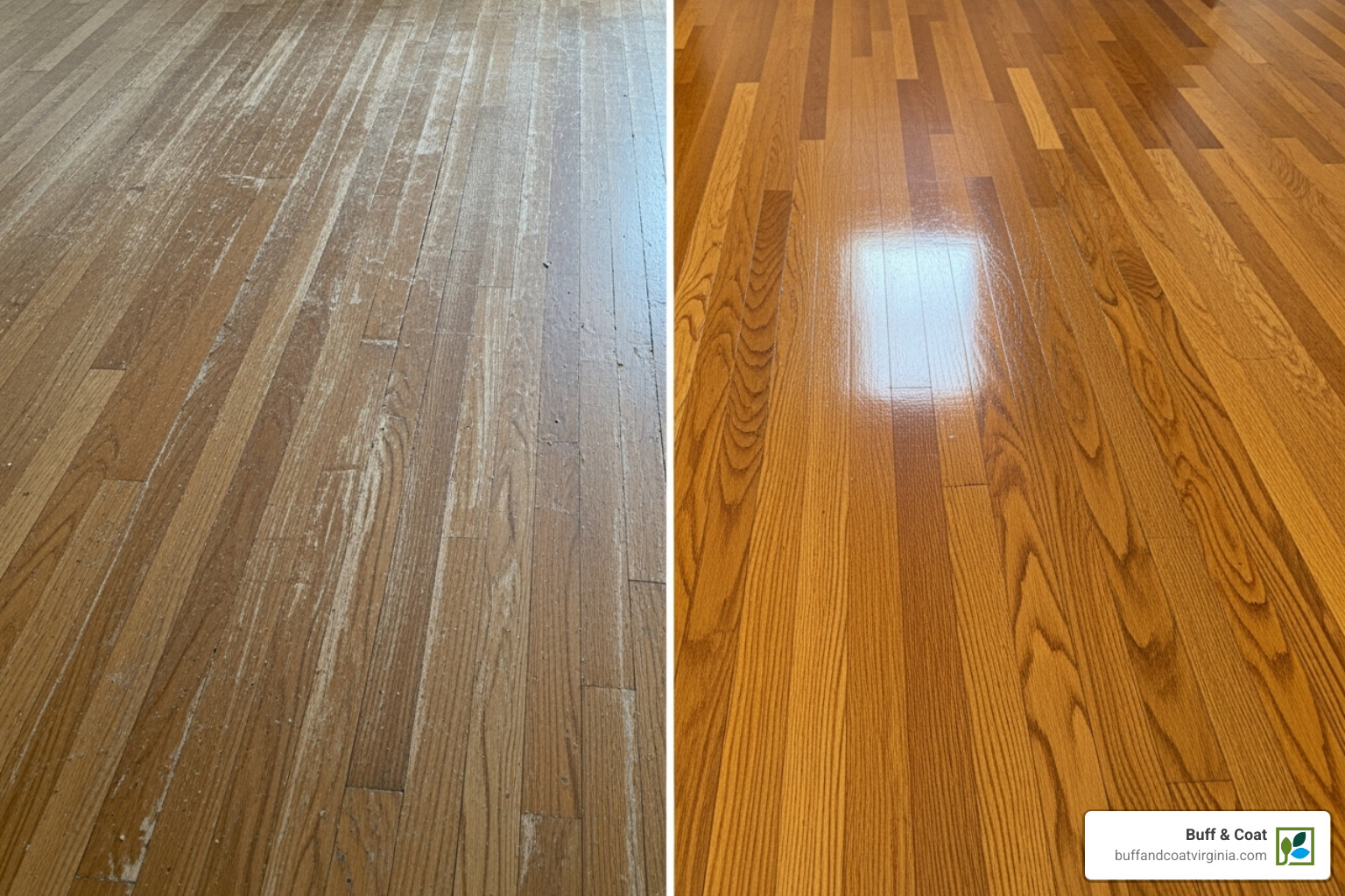 Dramatic before-and-after shot of a sanded wood floor - wood floor sanding midlothian va