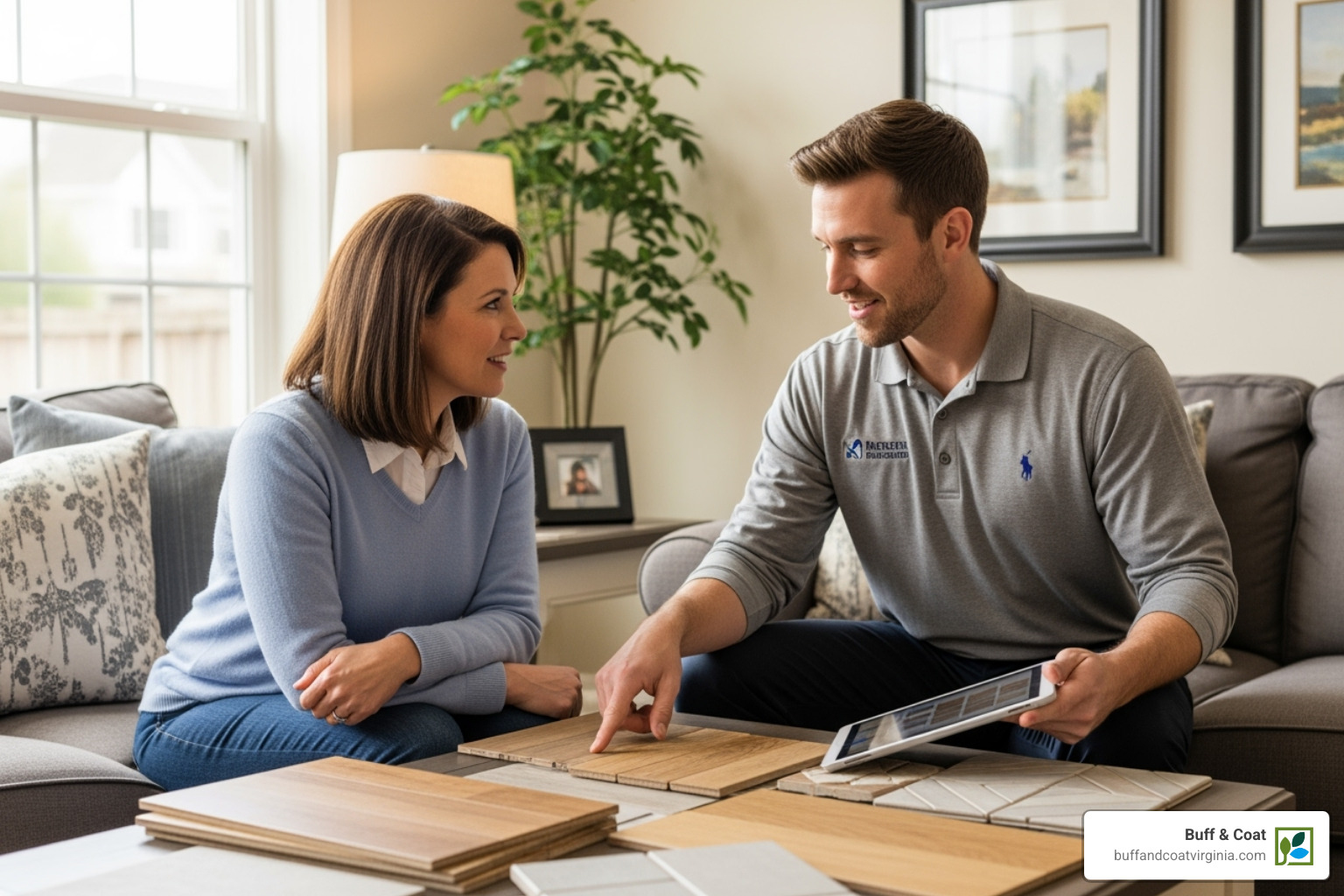Friendly contractor consulting with a homeowner in their home - wood floor sanding midlothian va