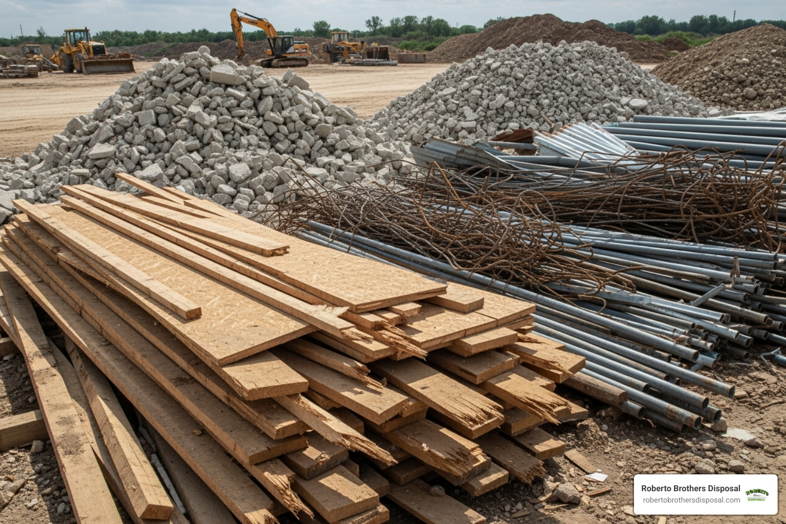 Neatly sorted construction debris in separate piles (wood, metal, concrete) - construction waste disposal