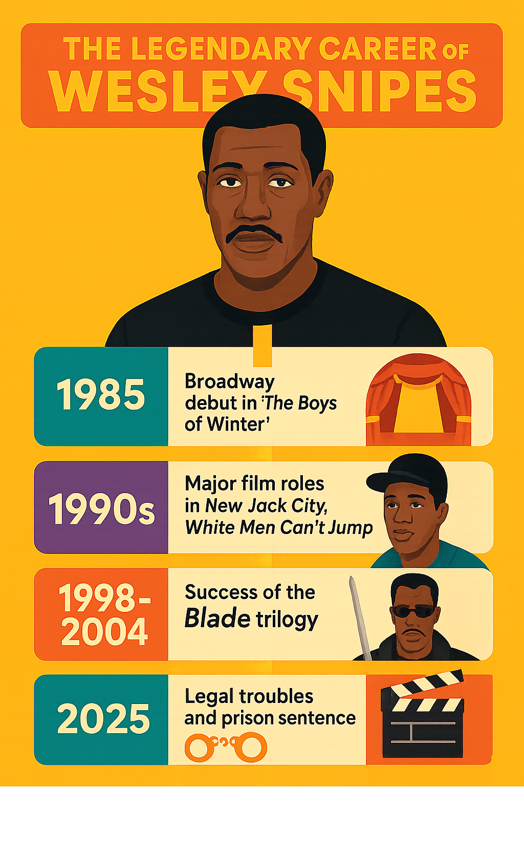 Infographic showing Wesley Snipes career timeline from 1985 Broadway debut through major film roles in the 1990s including New Jack City and White Men Can't Jump, the Blade trilogy success from 1998-2004, legal troubles and prison sentence 2010-2013, and recent career resurgence with Netflix films and Marvel cameo - wesley snipes infographic 