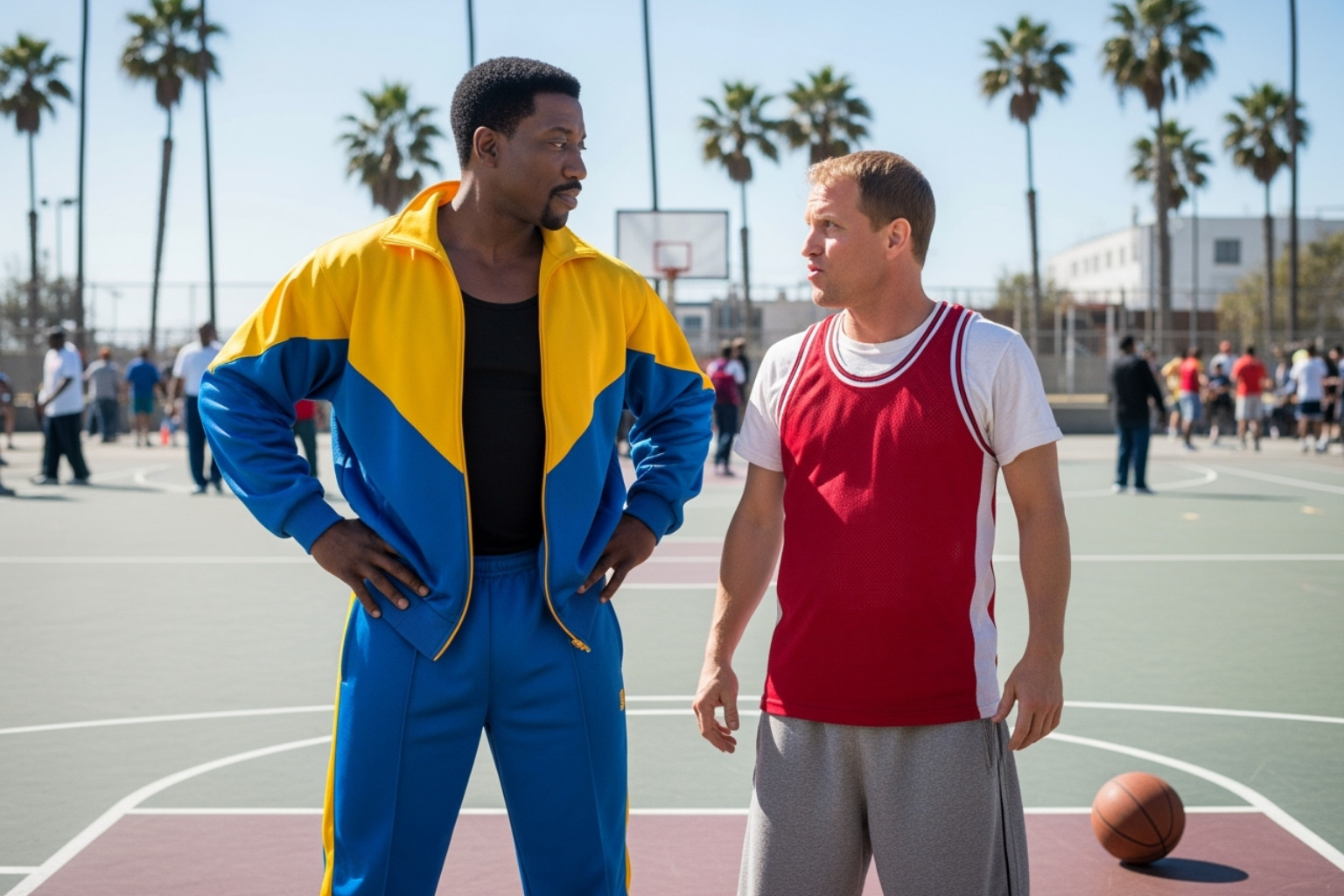 Wesley Snipes and Woody Harrelson in White Men Can't Jump, looking at each other - wesley snipes