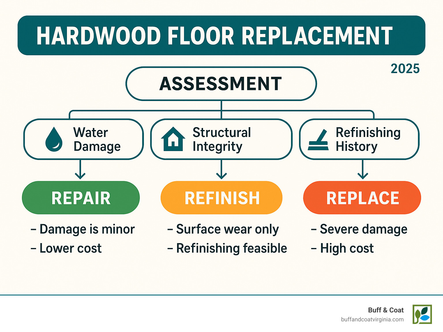 Infographic showing decision tree for hardwood floor replacement options: Assessment phase checking for water damage, structural integrity, and refinishing history, leading to three paths - Repair for minor damage, Refinish for surface wear, or Replace for severe damage, with specific criteria and cost considerations for each option - Hardwood Floor Replacement infographic Infographic showing decision tree for hardwood floor replacement options: Assessment phase checking for water damage, structural integrity, and refinishing history, leading to three paths - Repair for minor damage, Refinish for surface wear, or Replace for severe damage, with specific criteria and cost considerations for each option - Hardwood Floor Replacement infographic