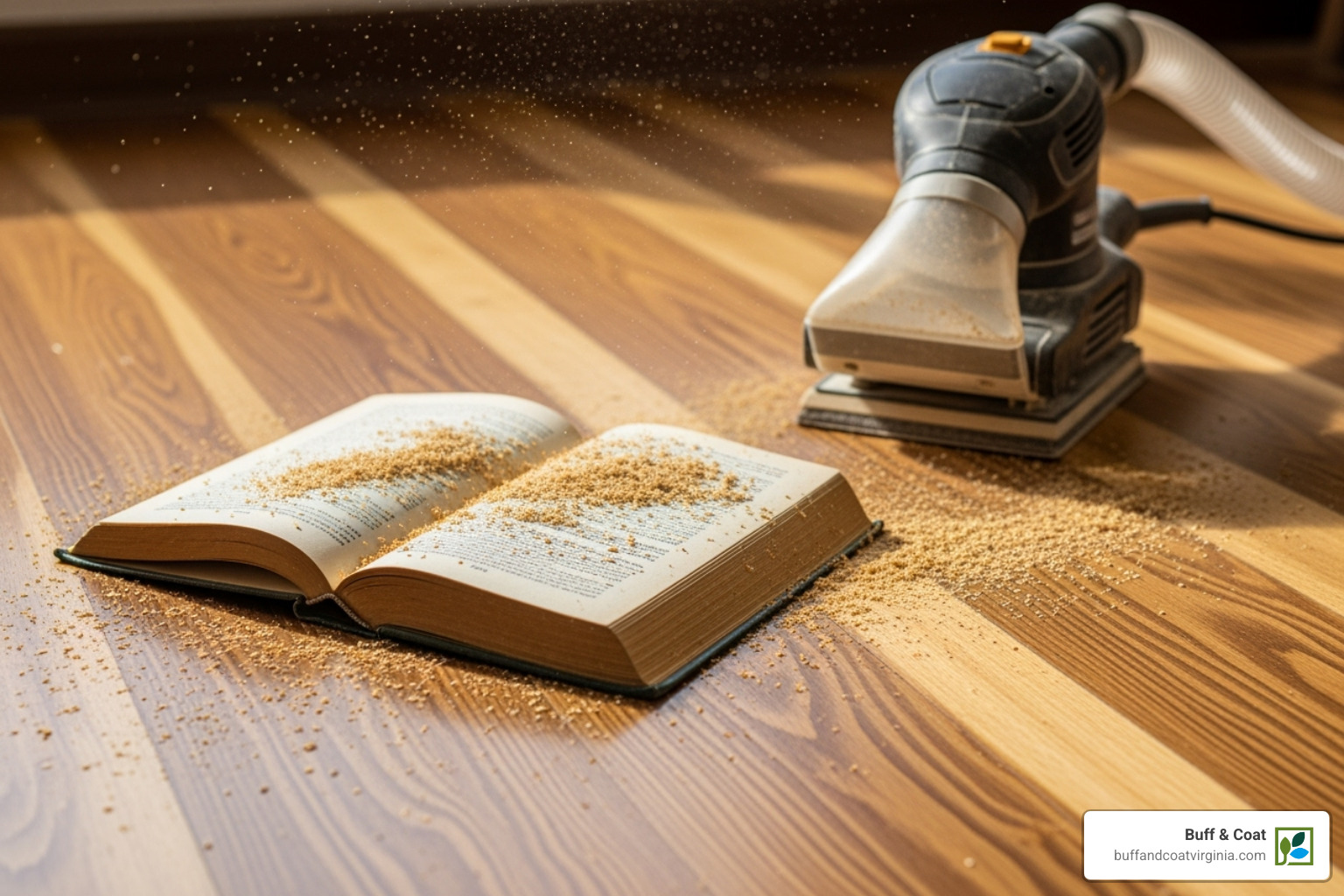 close-up on dusty bookshelves contrasted with a clean, dust-free environment - book dust-free floor sanding service