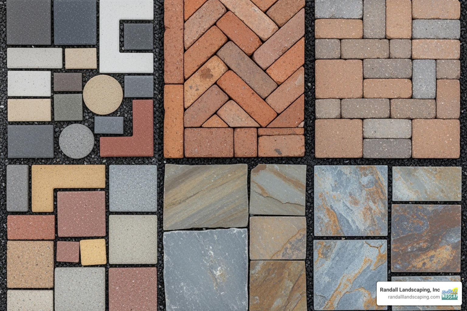 A collage showcasing different paver materials like concrete, brick, and natural stone, alongside various colors and patterns - Patio paver installation services