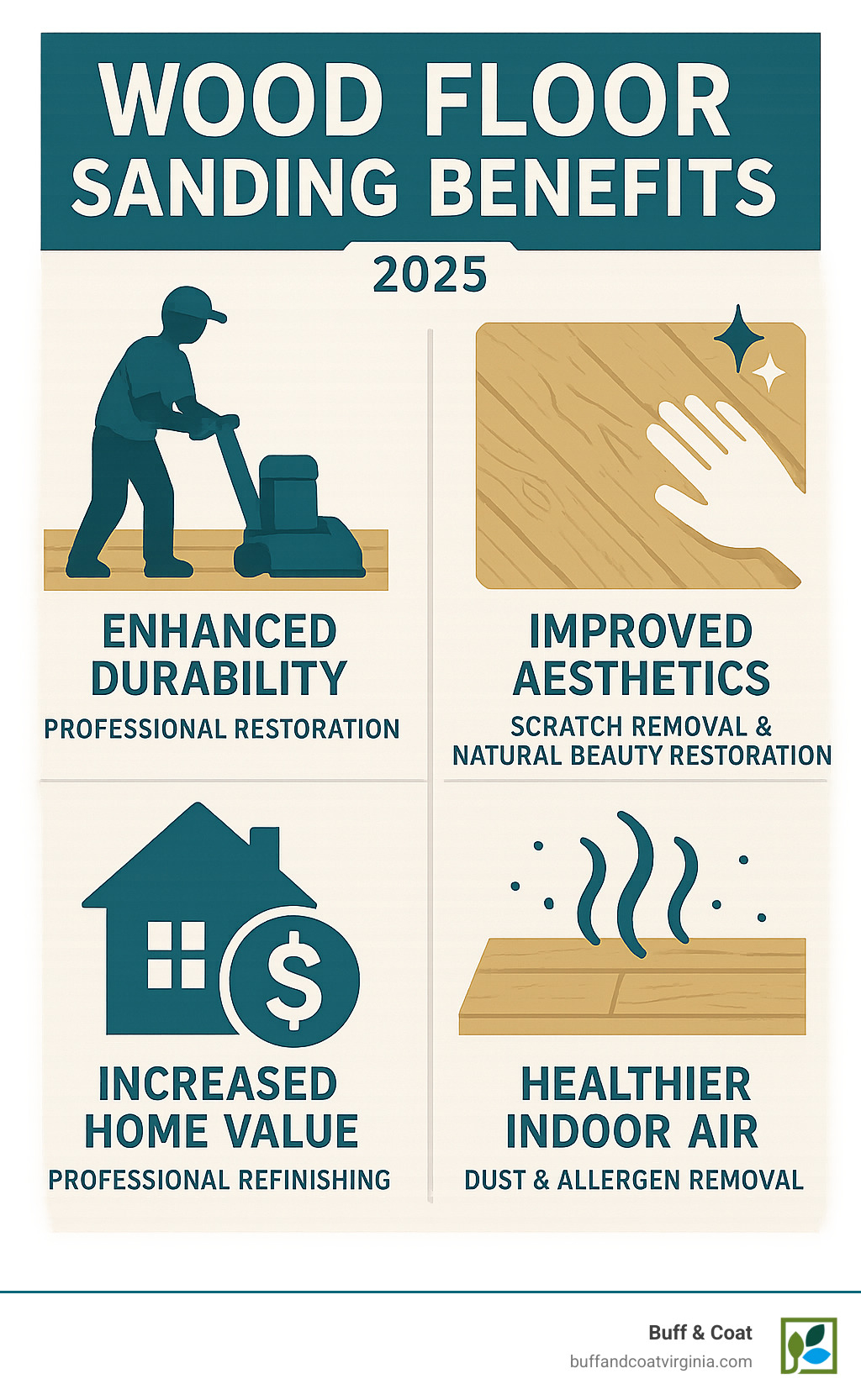 Infographic showing wood floor sanding benefits: Improved Durability through professional restoration, Improved Aesthetics with scratch removal and natural beauty restoration, Increased Home Value with professional refinishing, and Healthier Indoor Air through dust and allergen removal - wood floor sanding midlothian va infographic