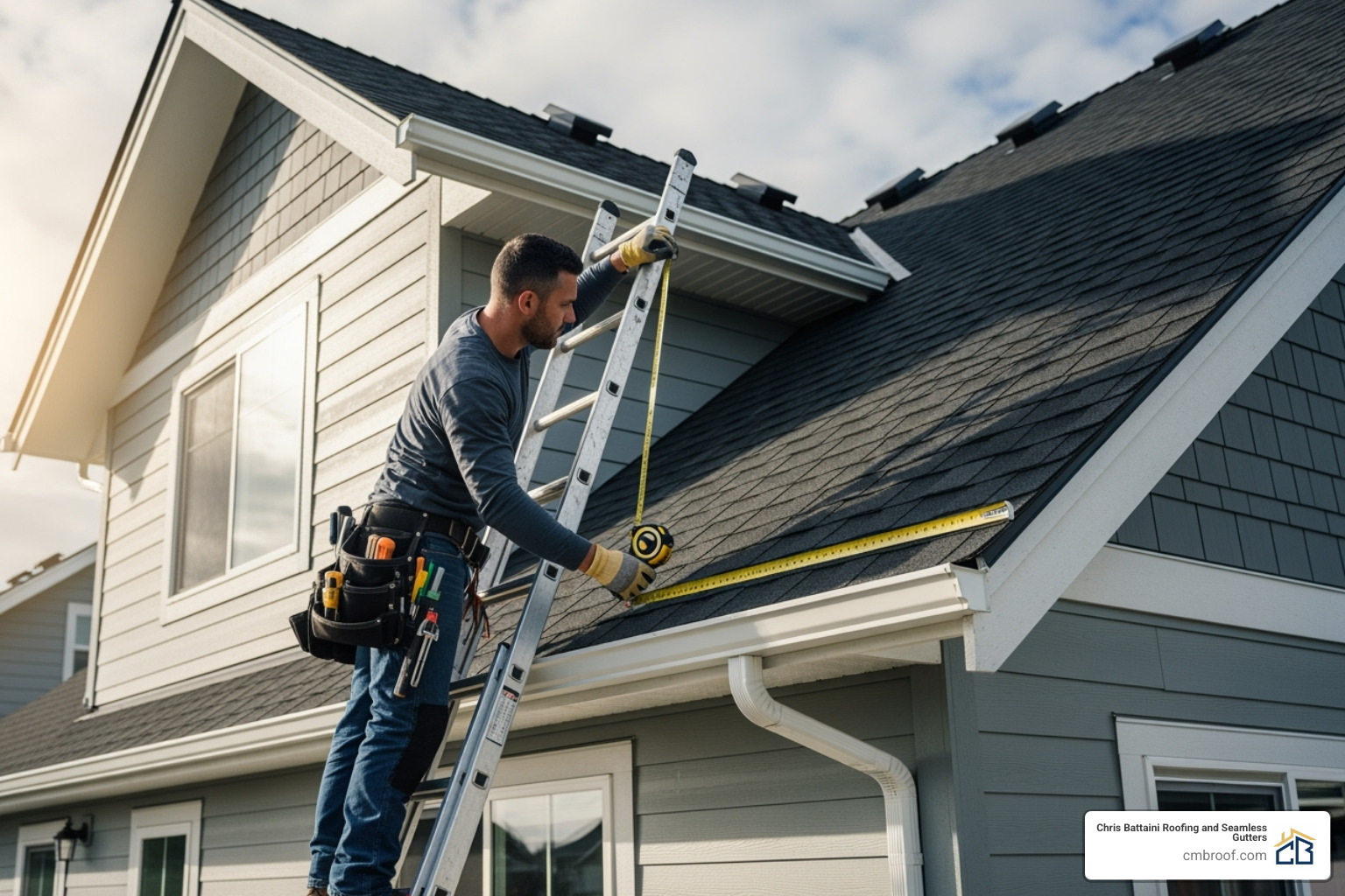 professional roofer taking measurements for a gutter installation - roof gutter