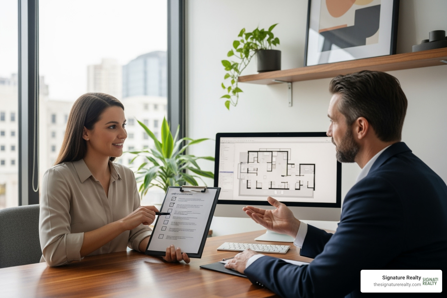 person holding a checklist and talking to a broker - tenant representation agreement