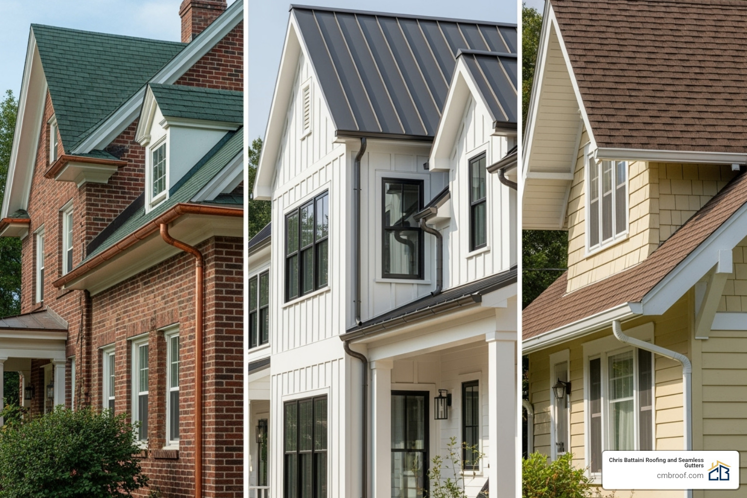 different gutter materials like aluminum, copper, and vinyl on various homes - roof gutter