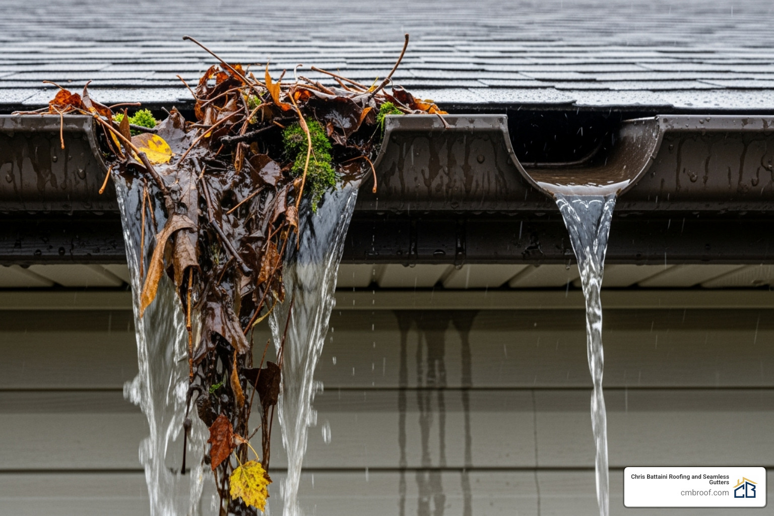 clogged gutter overflowing next to a clean, free-flowing one - roof gutter