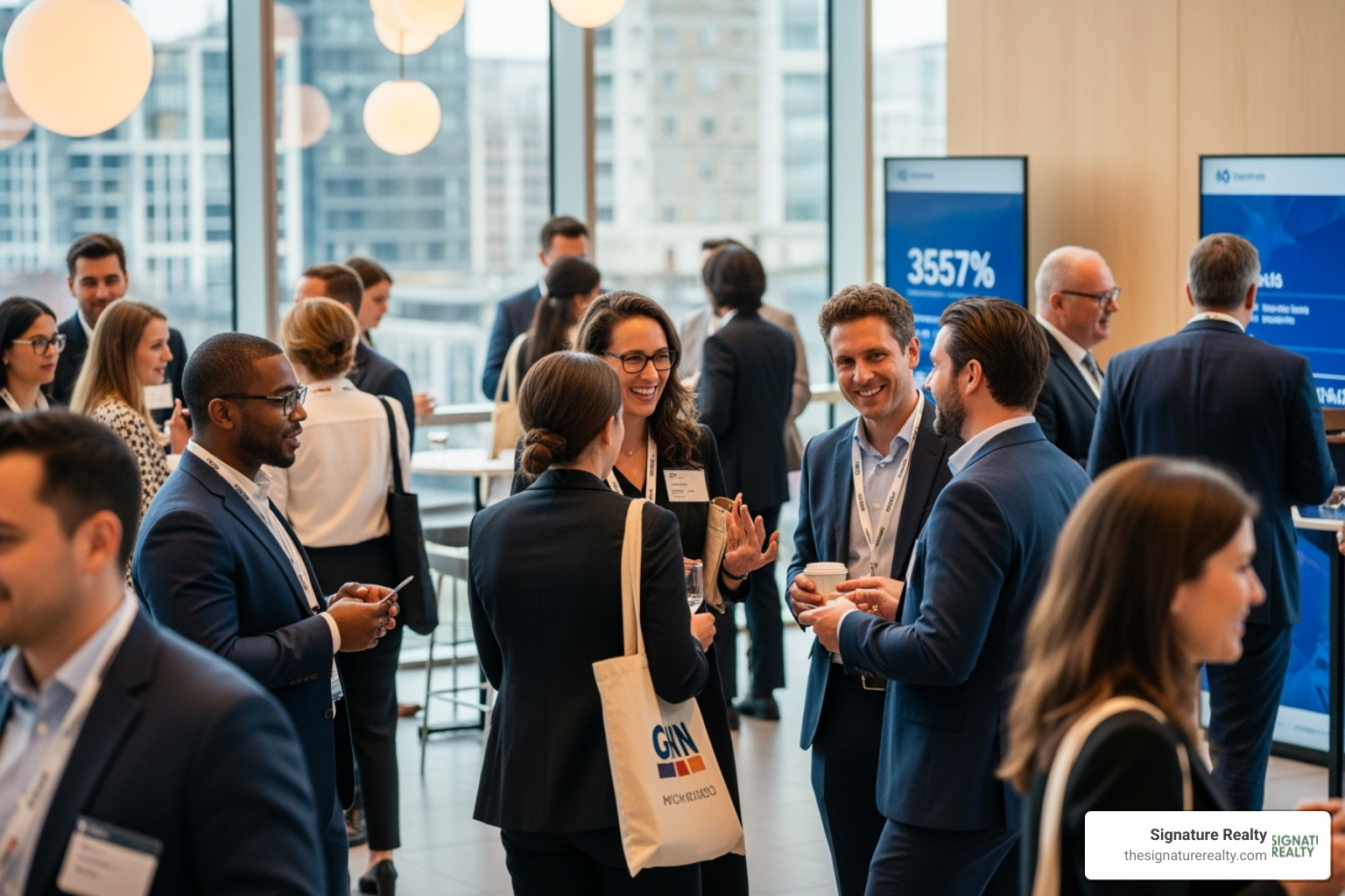 Professionals networking at a real estate event - off market commercial real estate for sale