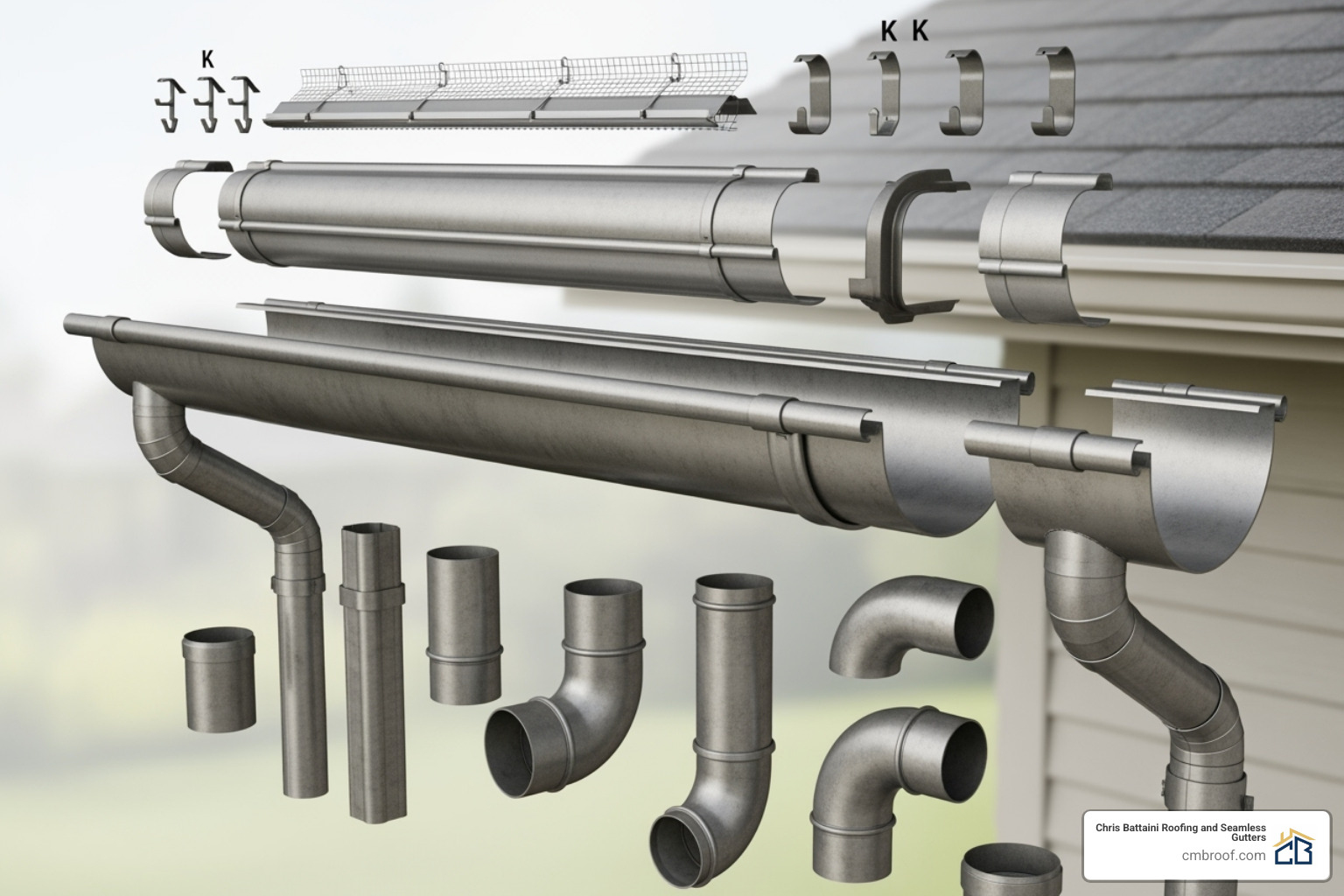 exploded view of a gutter system with each component clearly labeled - roof gutter