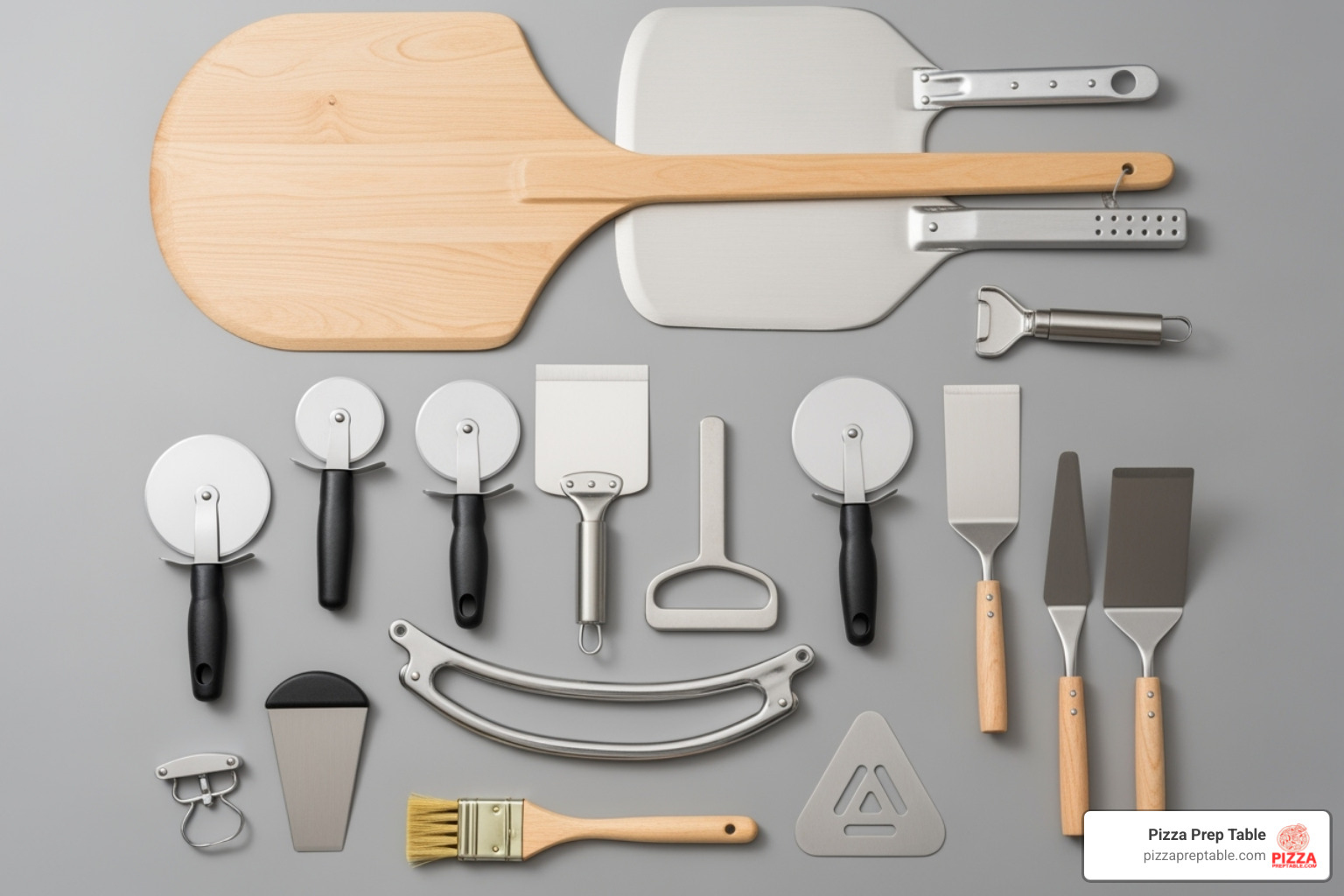 flat lay of pizza tools - commercial pizza oven supplies