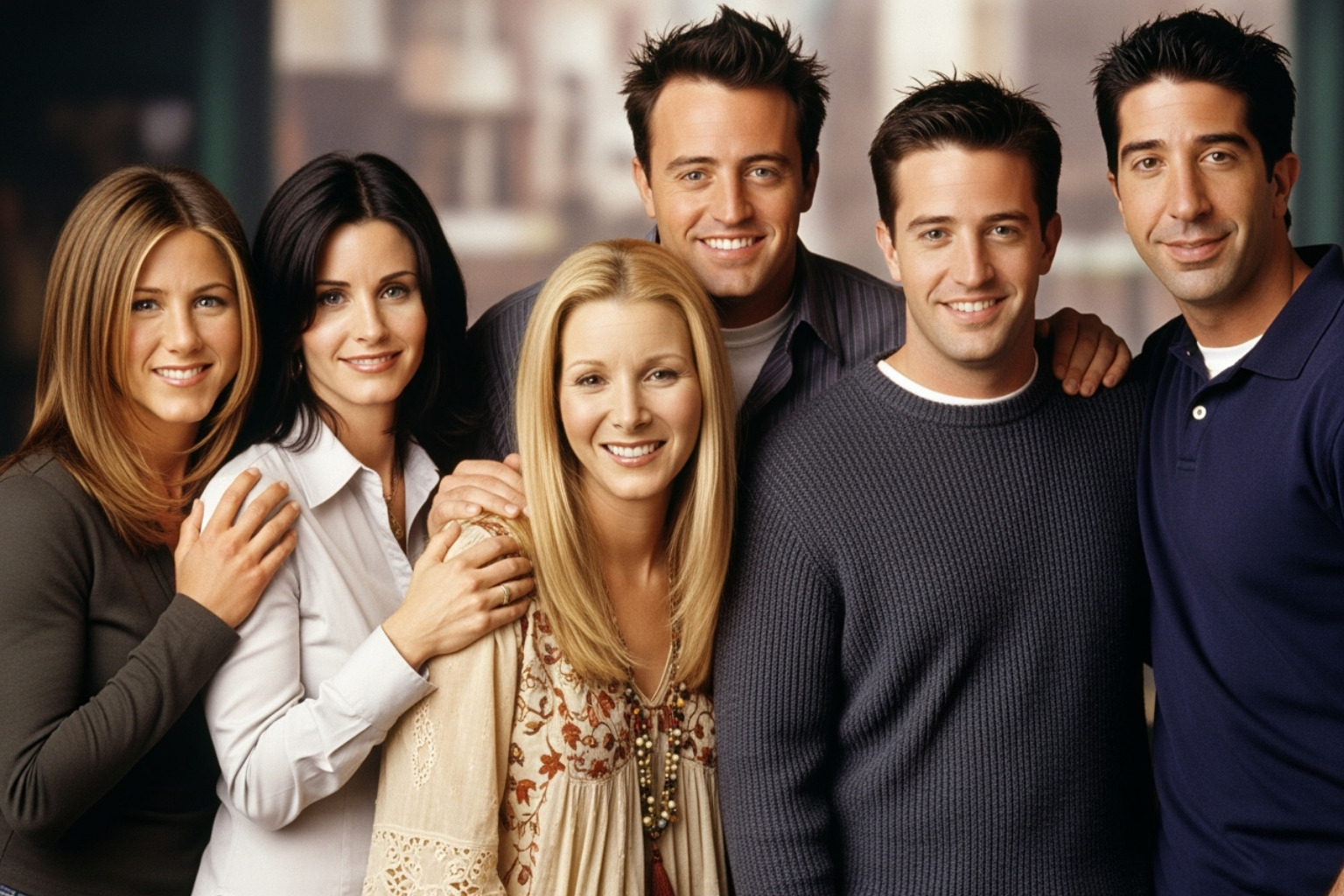 Main cast of the TV show Friends, smiling and posing together -  lisa kudrow