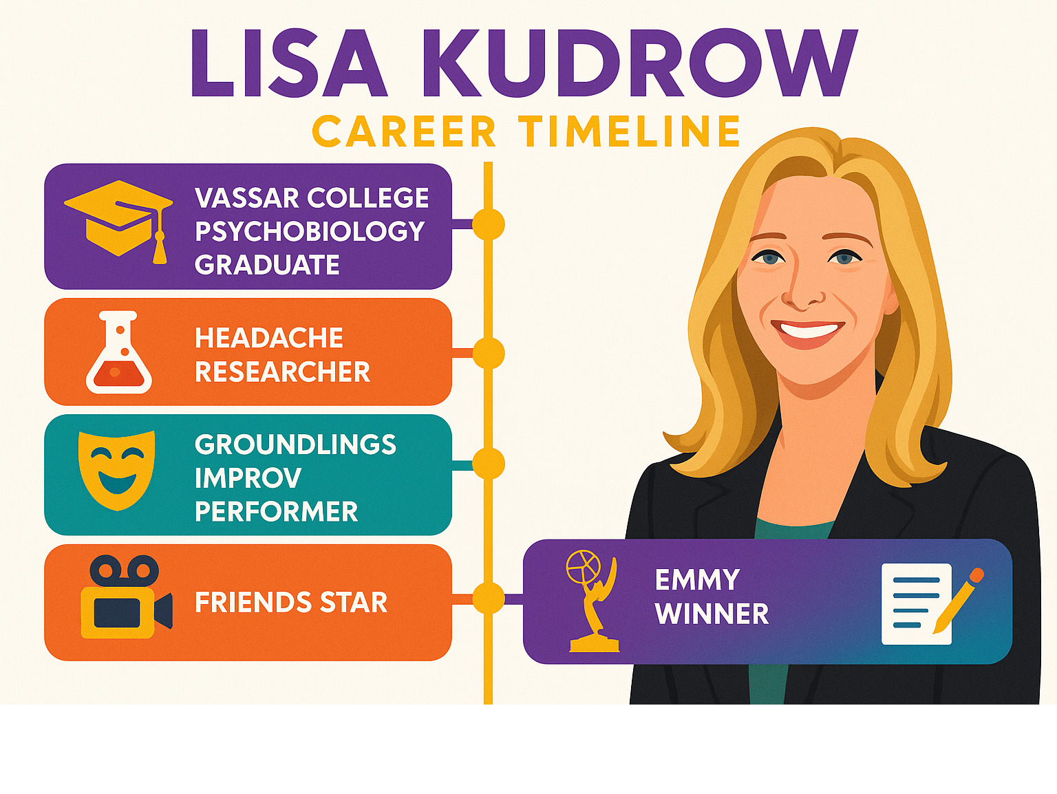 Lisa Kudrow career timeline showing her progression from Vassar College psychobiology graduate to headache researcher to Groundlings improv performer to Mad About You recurring character to Friends star to Emmy winner to successful producer and writer -  lisa kudrow infographic 