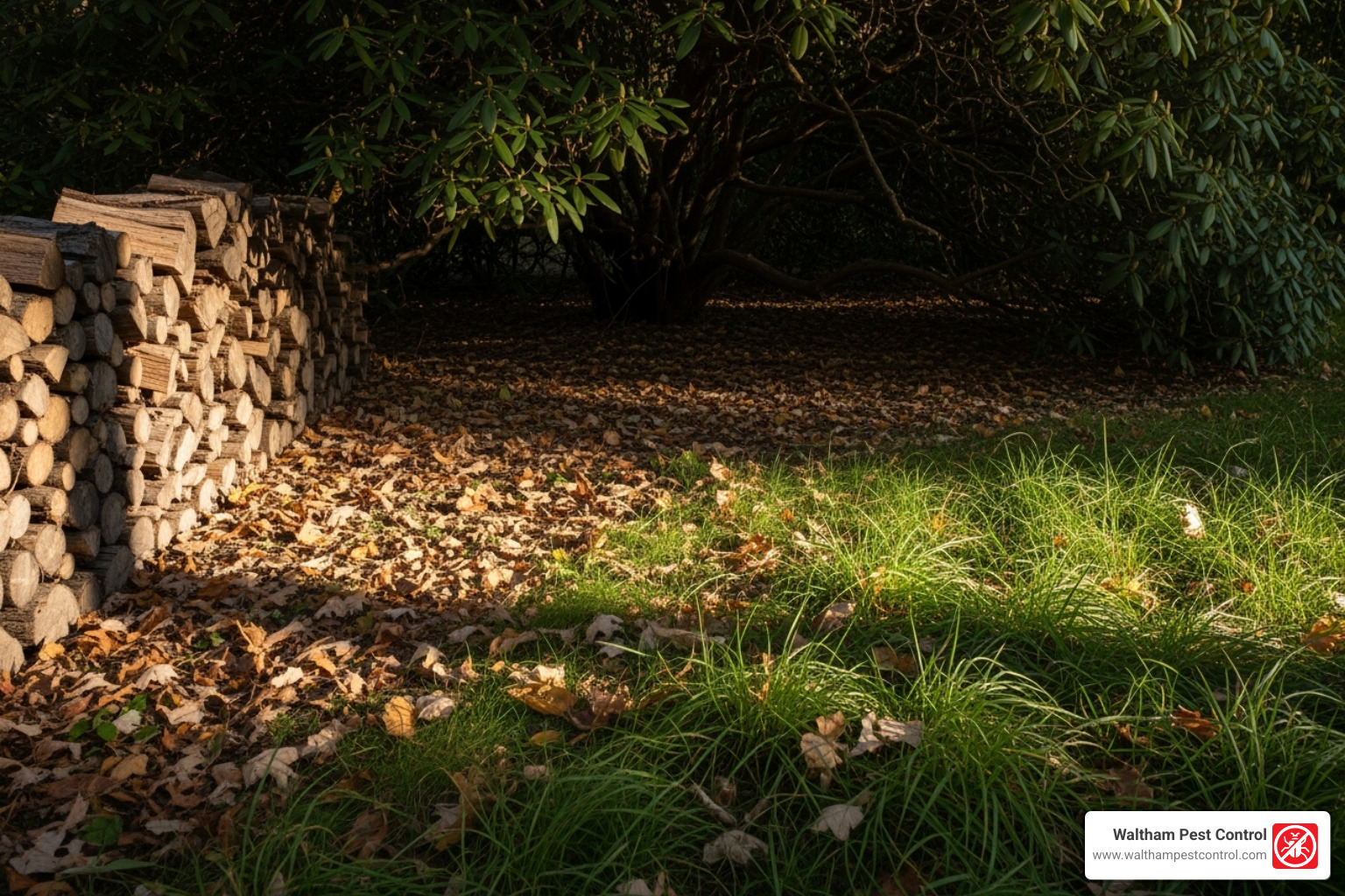 Common tick hiding spots in a residential yard, including tall grass, leaf litter, wood piles, and shaded areas - exterminator for ticks