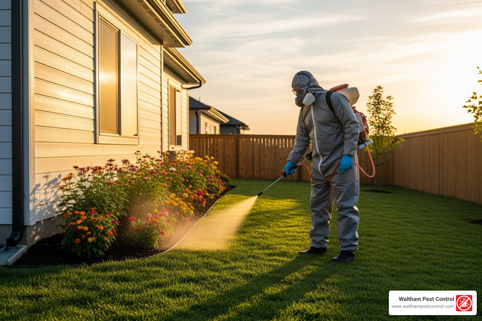 A pest control technician treating the perimeter of a residential yard with a spray applicator - exterminator for ticks